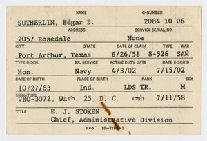 Primary view of object titled '[Edgar B. Sutherlin's Veterans' Administration Card]'.