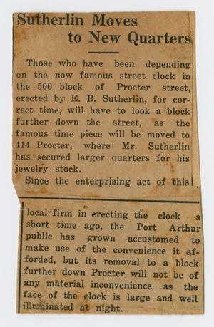 Primary view of object titled '[Clipping: Sutherlin Moves to New Quarters]'.