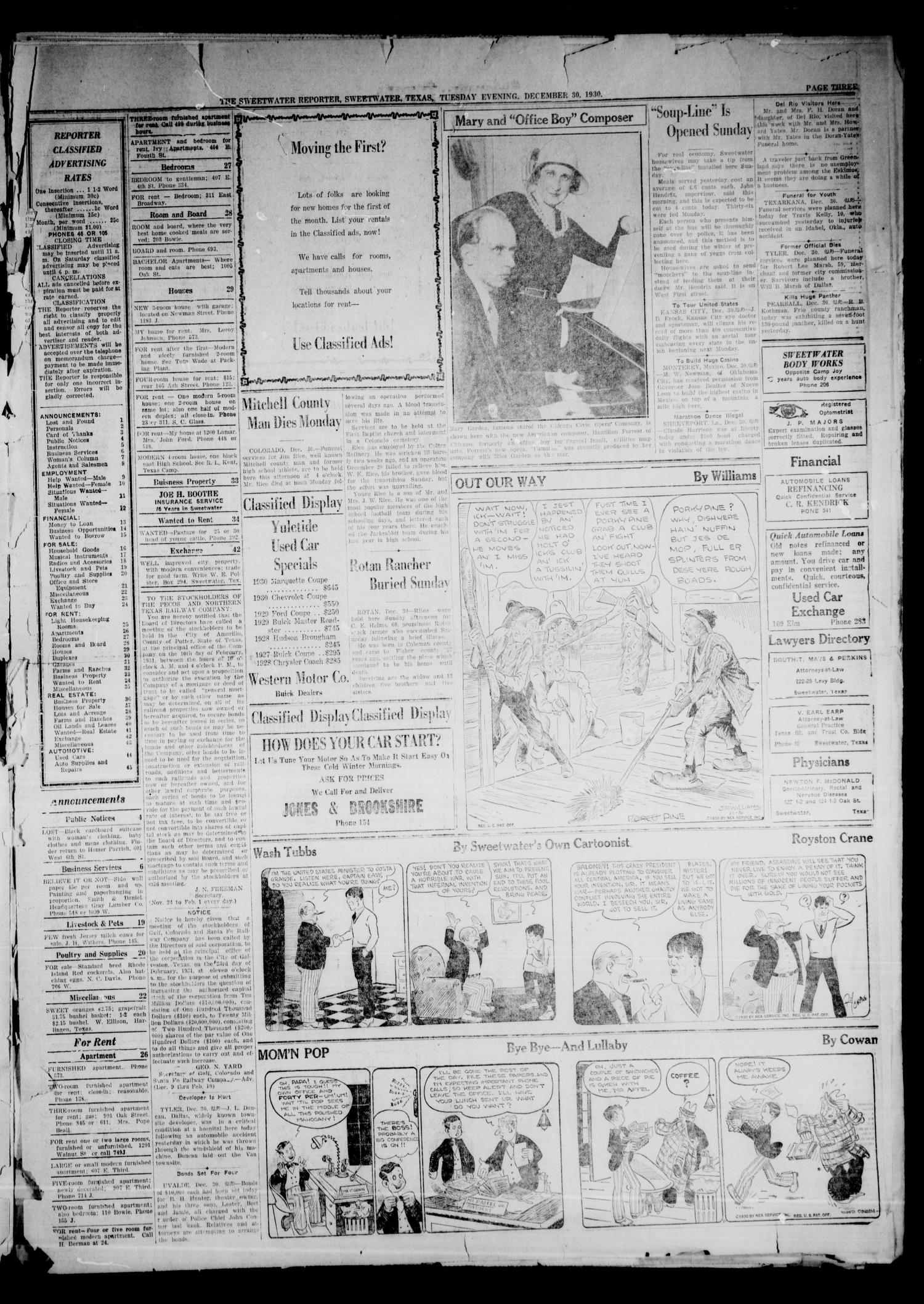 Sweetwater Daily Reporter (Sweetwater, Tex.), Vol. 10, No. 284, Ed. 1 Tuesday, December 30, 1930
                                                
                                                    [Sequence #]: 3 of 4
                                                