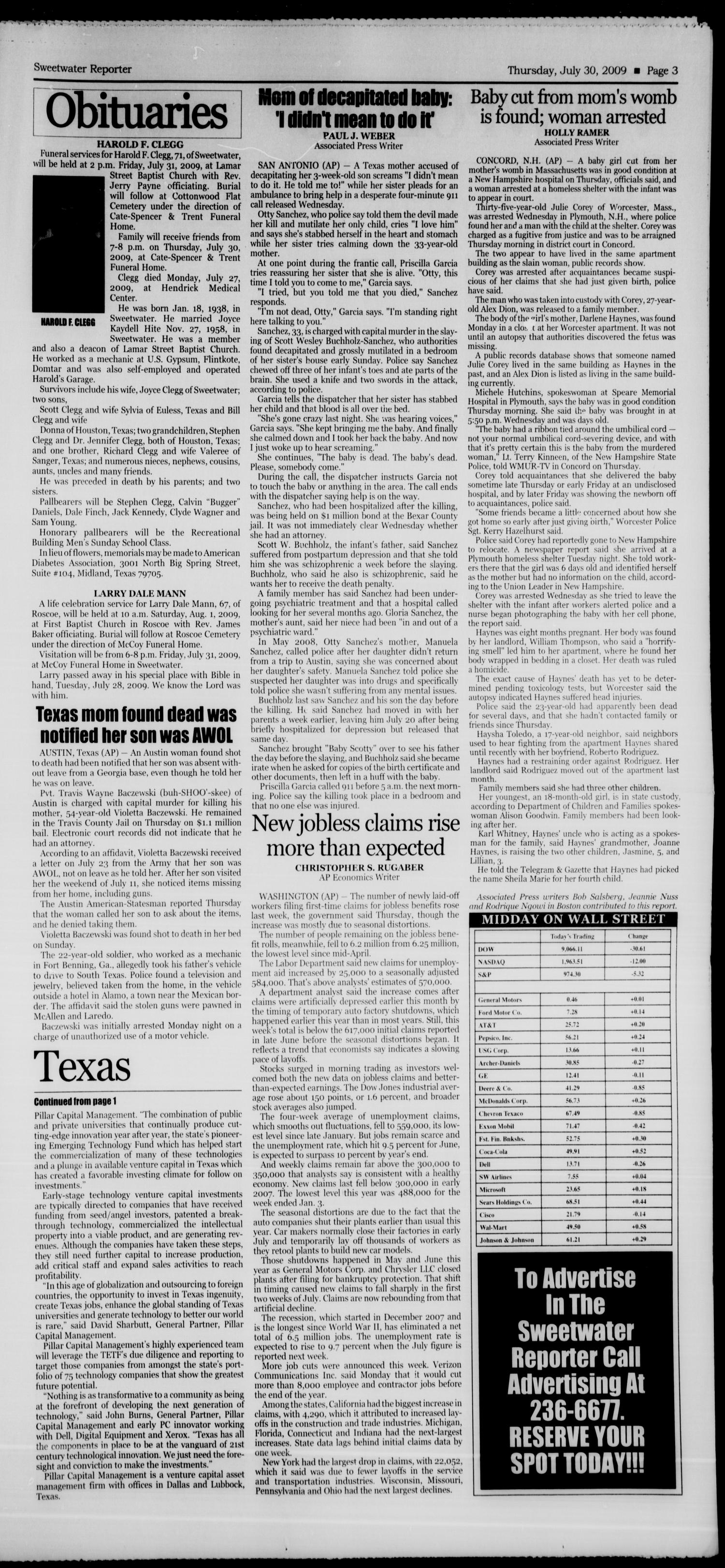 Sweetwater Reporter (Sweetwater, Tex.), Vol. 111, No. 217, Ed. 1 Thursday, July 30, 2009
                                                
                                                    [Sequence #]: 3 of 10
                                                