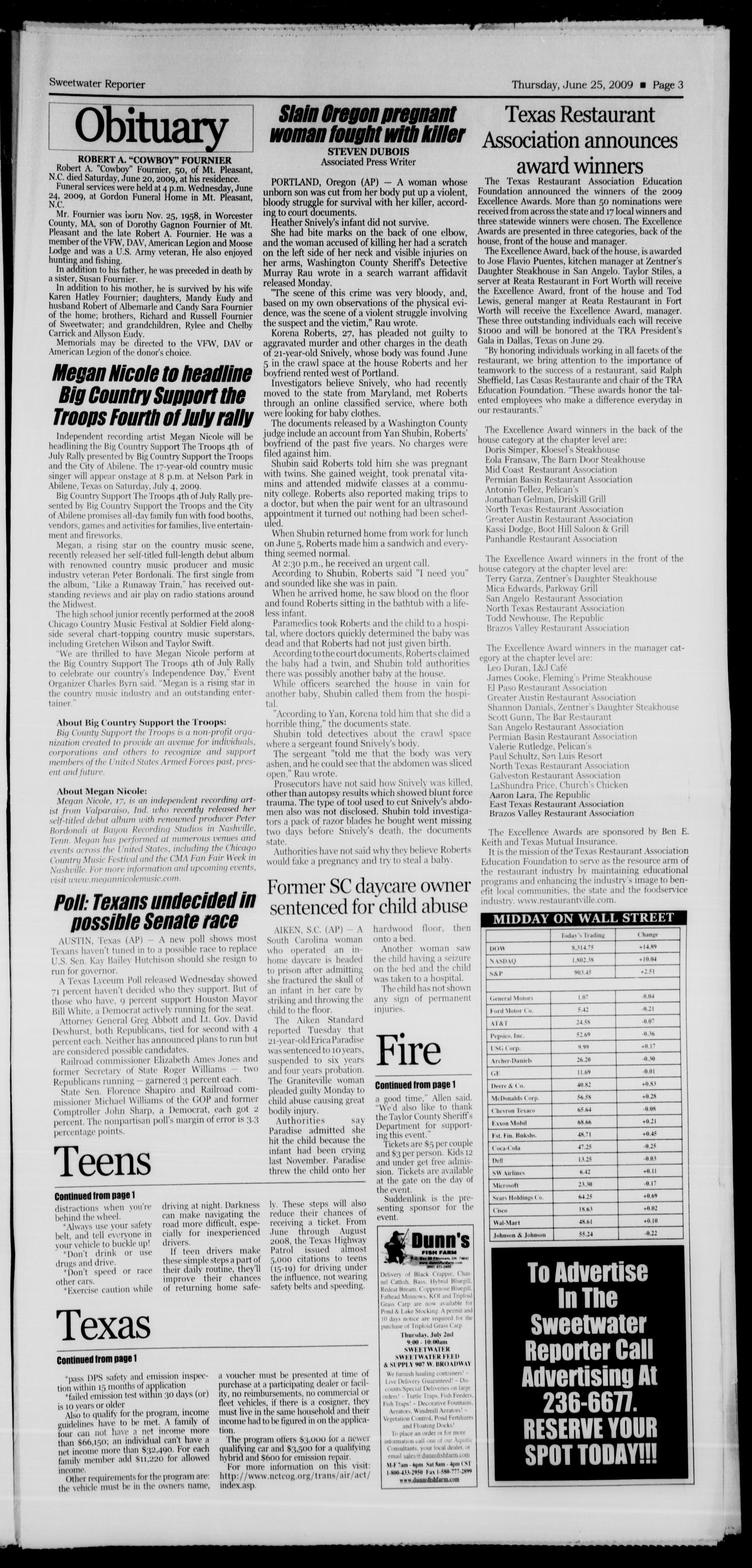 Sweetwater Reporter (Sweetwater, Tex.), Vol. 111, No. 187, Ed. 1 Thursday, June 25, 2009
                                                
                                                    [Sequence #]: 3 of 10
                                                