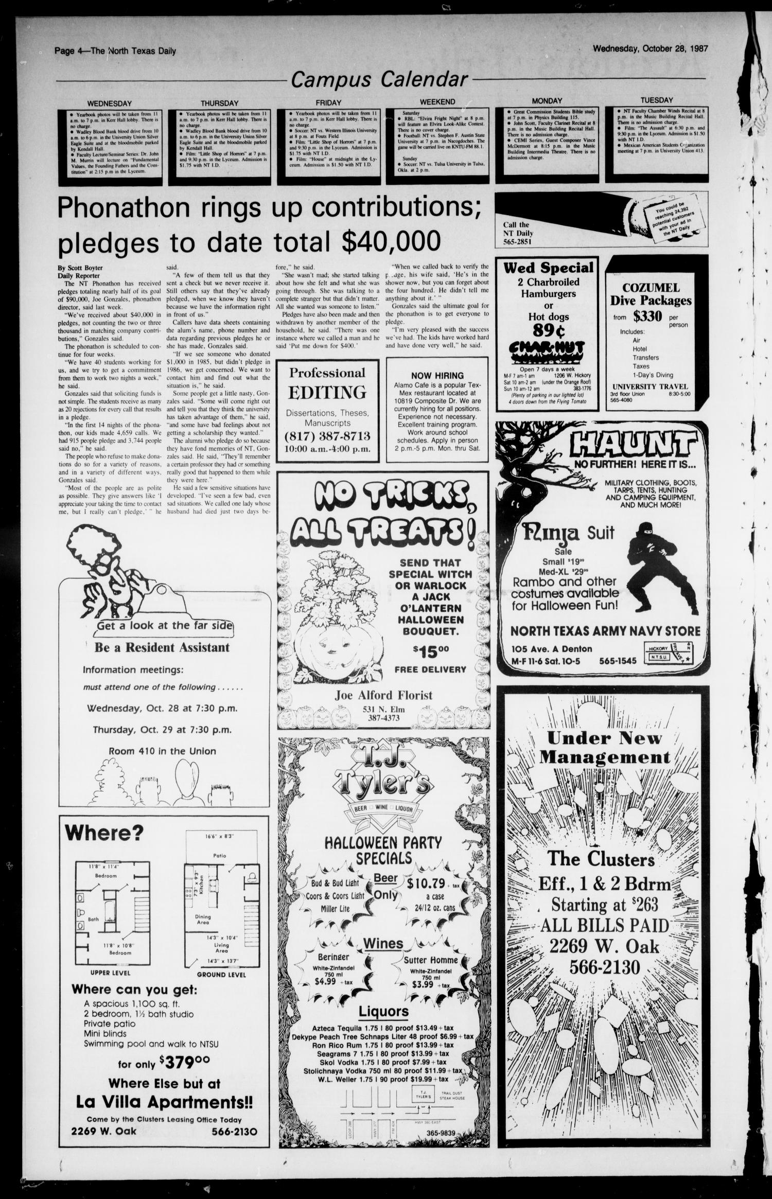 The North Texas Daily (Denton, Tex.), Vol. 71, No. 34, Ed. 1 Wednesday, October 28, 1987
                                                
                                                    [Sequence #]: 4 of 8
                                                