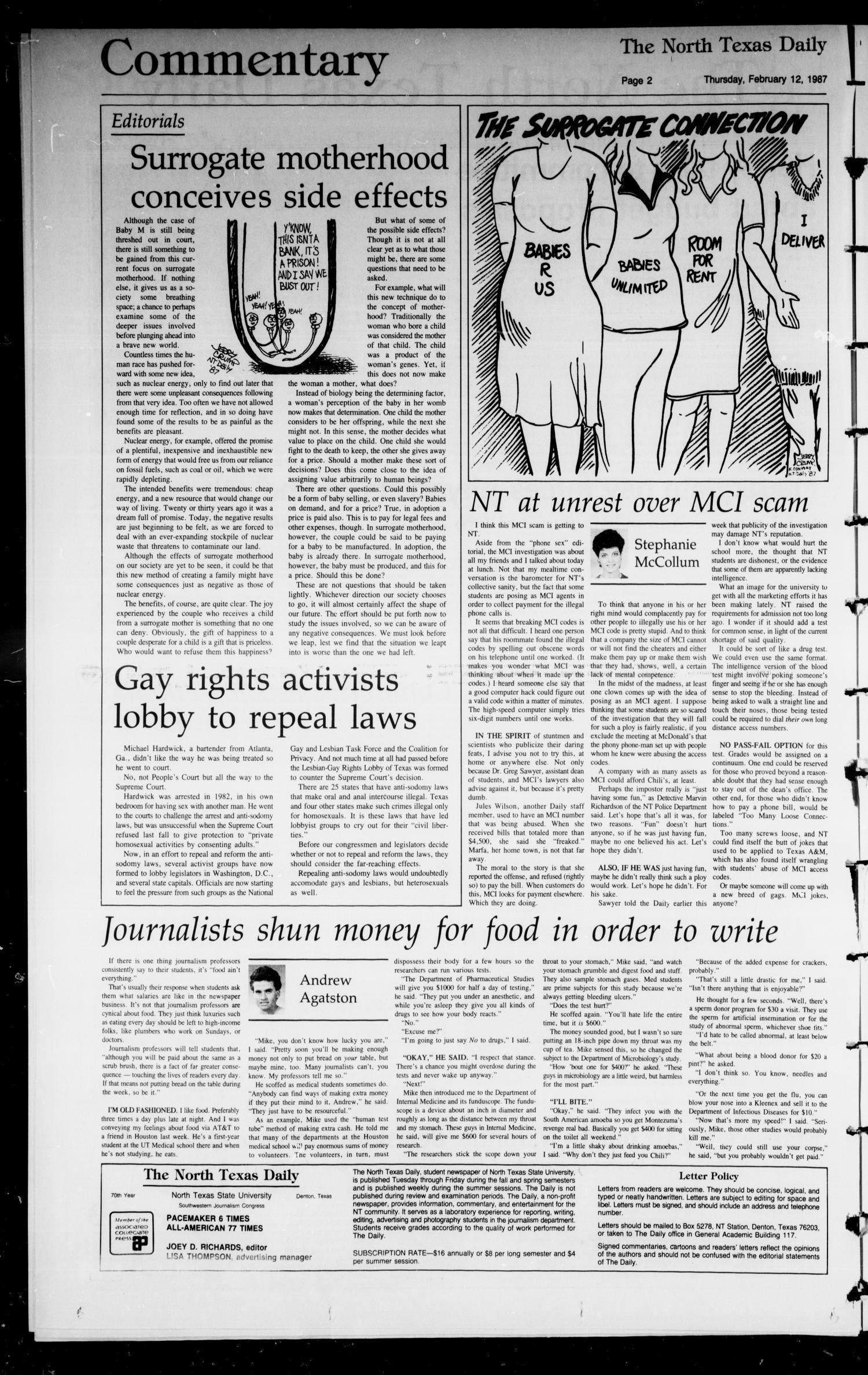 The North Texas Daily (Denton, Tex.), Vol. 70, No. 69, Ed. 1 Thursday, February 12, 1987
                                                
                                                    [Sequence #]: 2 of 6
                                                