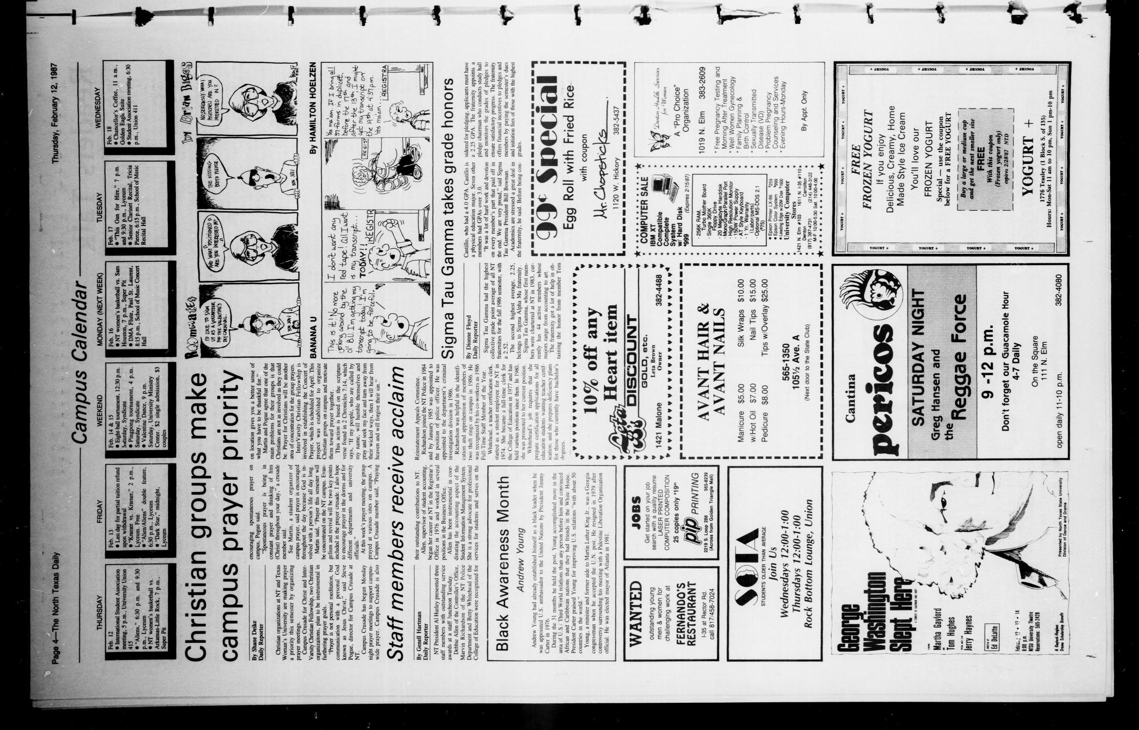 The North Texas Daily (Denton, Tex.), Vol. 70, No. 69, Ed. 1 Thursday, February 12, 1987
                                                
                                                    [Sequence #]: 4 of 6
                                                