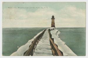 Primary view of object titled '[Postcard of Lighthouse and Pier in Solus Bay]'.