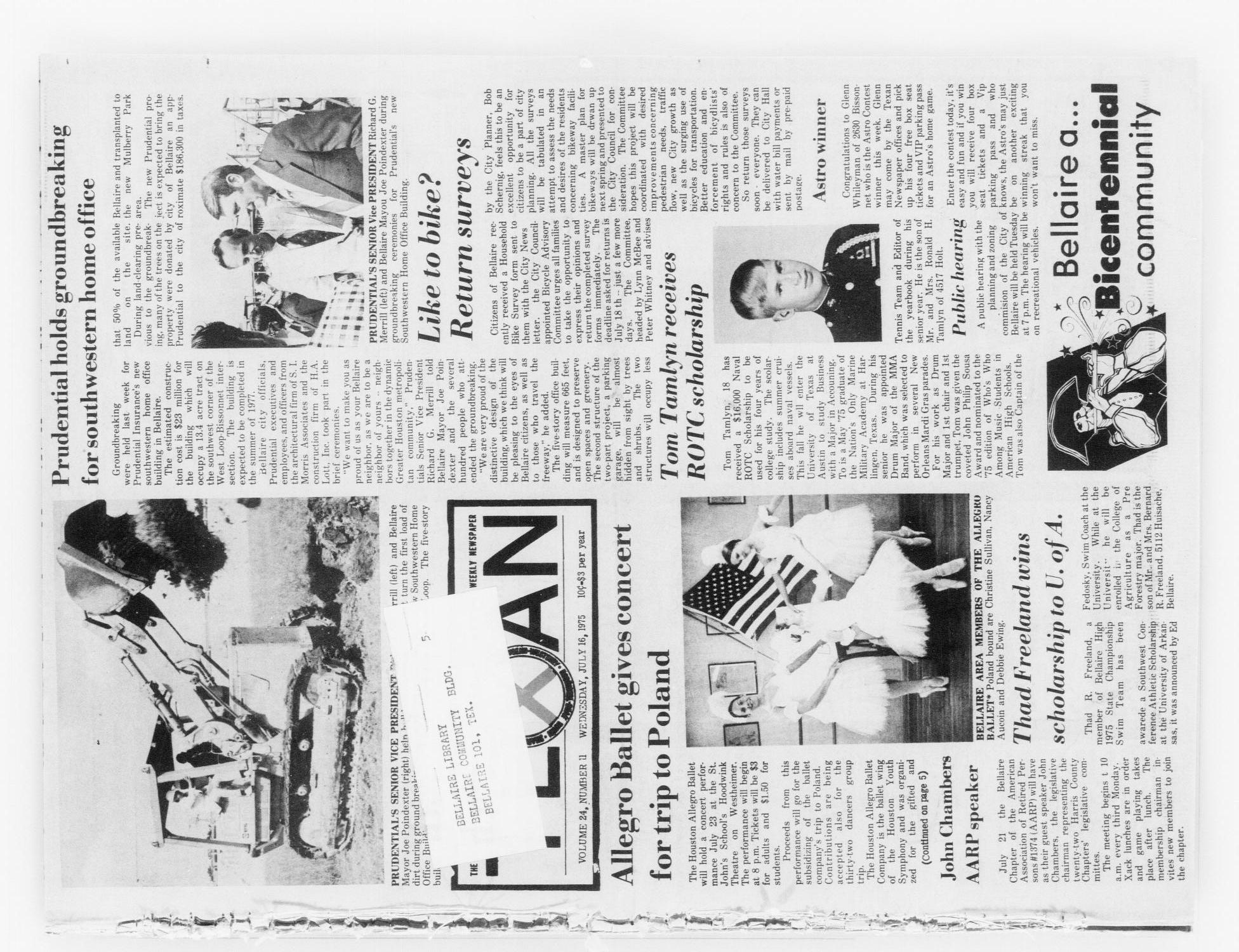 The Bellaire & Southwestern Texan (Bellaire, Tex.), Vol. 24, No. 11, Ed. 1 Wednesday, July 16, 1975
                                                
                                                    [Sequence #]: 1 of 24
                                                