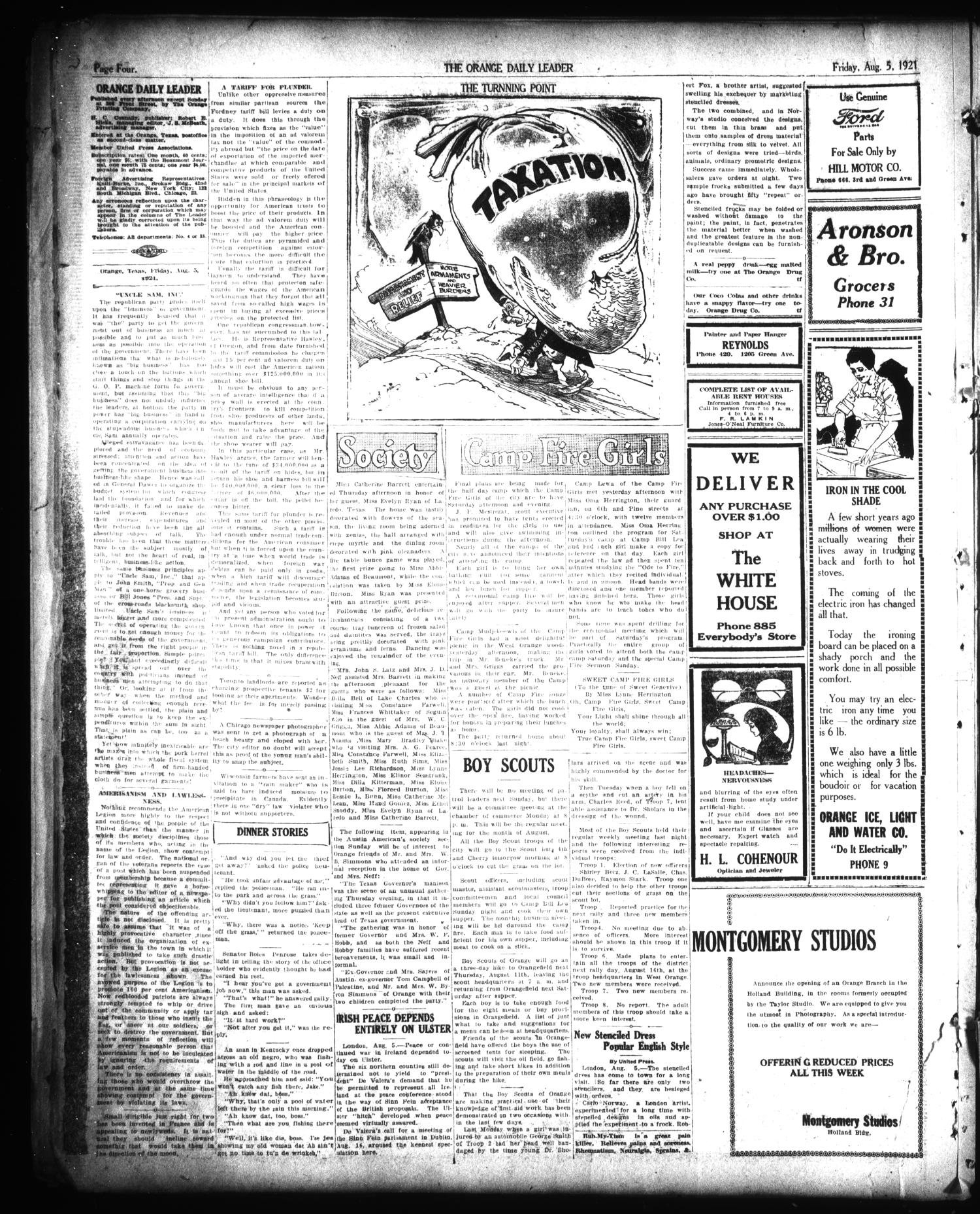 The Orange Daily Leader (Orange, Tex.), Vol. 17, No. 186, Ed. 1 Friday, August 5, 1921
                                                
                                                    [Sequence #]: 4 of 6
                                                