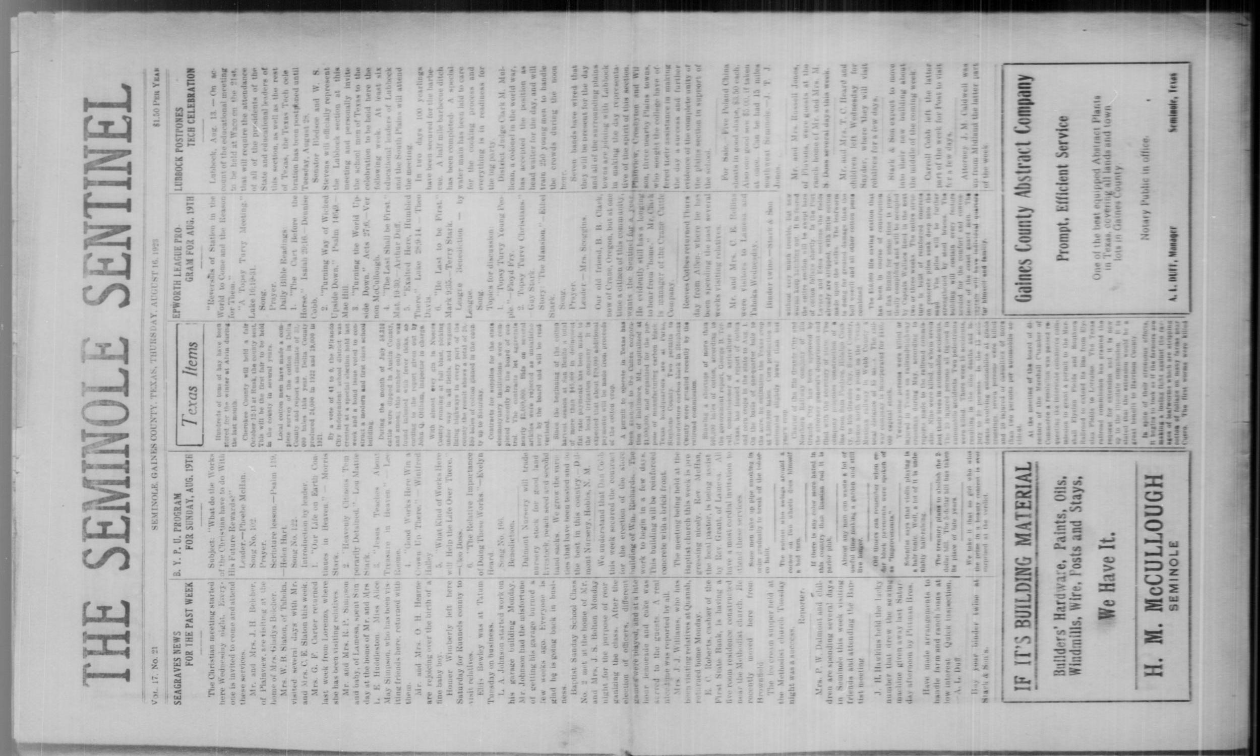 The Seminole Sentinel (Seminole, Tex.), Vol. 17, No. 21, Ed. 1 Thursday, August 16, 1923
                                                
                                                    [Sequence #]: 1 of 4
                                                