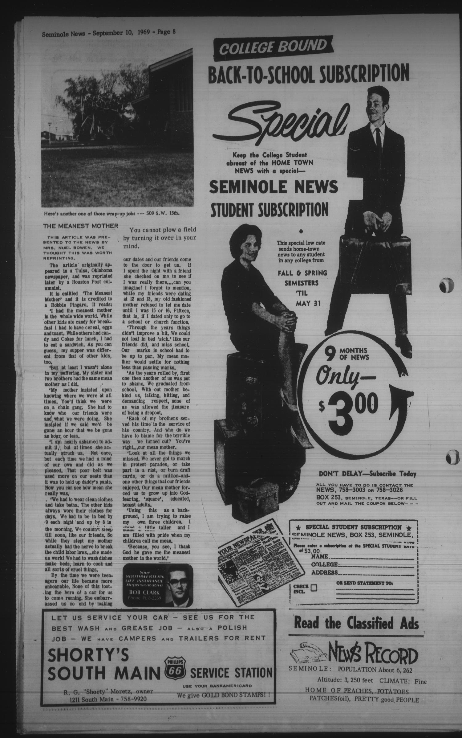 Seminole News (Seminole, Tex.), Vol. 3, No. 23, Ed. 1 Wednesday, September 10, 1969
                                                
                                                    [Sequence #]: 7 of 23
                                                