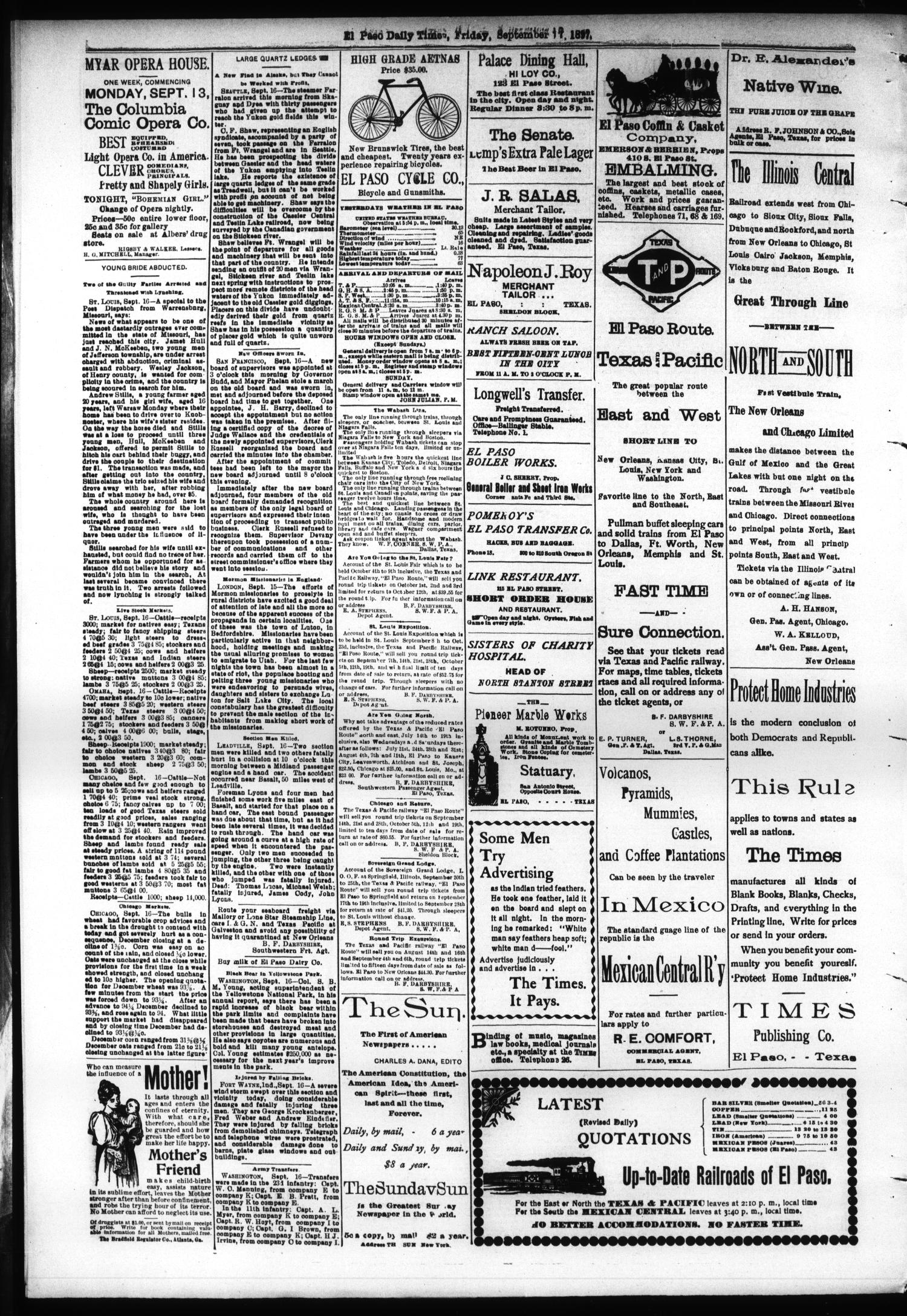 El Paso International Daily Times (El Paso, Tex.), Vol. 17, No. 221, Ed. 1 Friday, September 17, 1897
                                                
                                                    [Sequence #]: 4 of 4
                                                