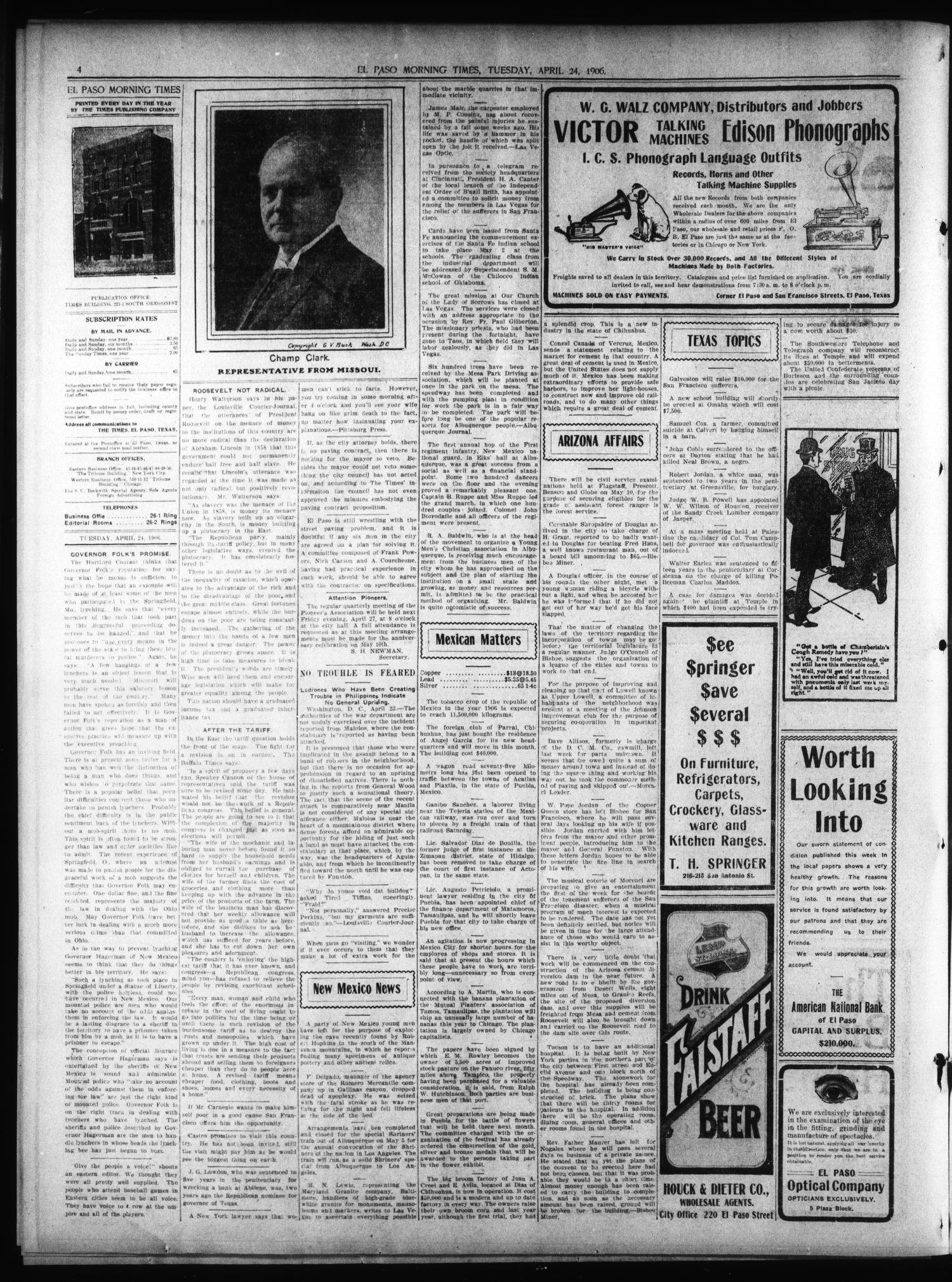 El Paso Daily Times (El Paso, Tex.), Vol. 26, Ed. 1 Tuesday, April 24, 1906
                                                
                                                    [Sequence #]: 4 of 8
                                                