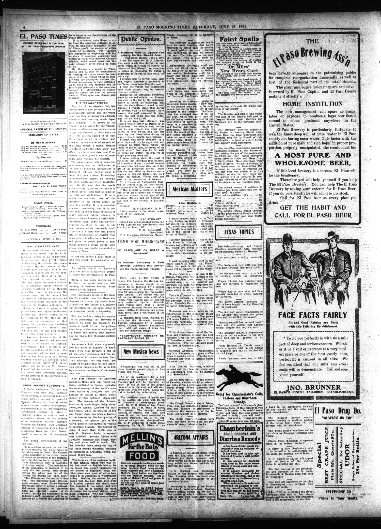El Paso Daily Times (El Paso, Tex.), Vol. 25, Ed. 1 Saturday, June 10, 1905
                                                
                                                    [Sequence #]: 4 of 8
                                                