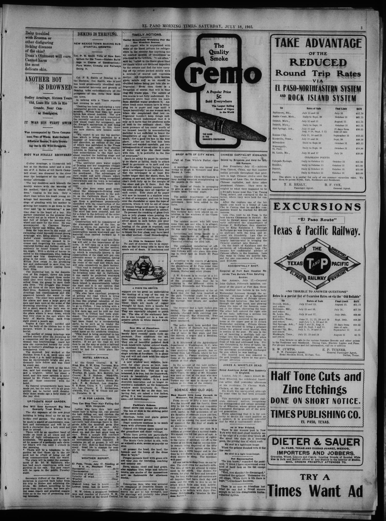 El Paso Daily Times. (El Paso, Tex.), Vol. 23, No. 65, Ed. 1 Saturday, July 18, 1903
                                                
                                                    [Sequence #]: 3 of 8
                                                