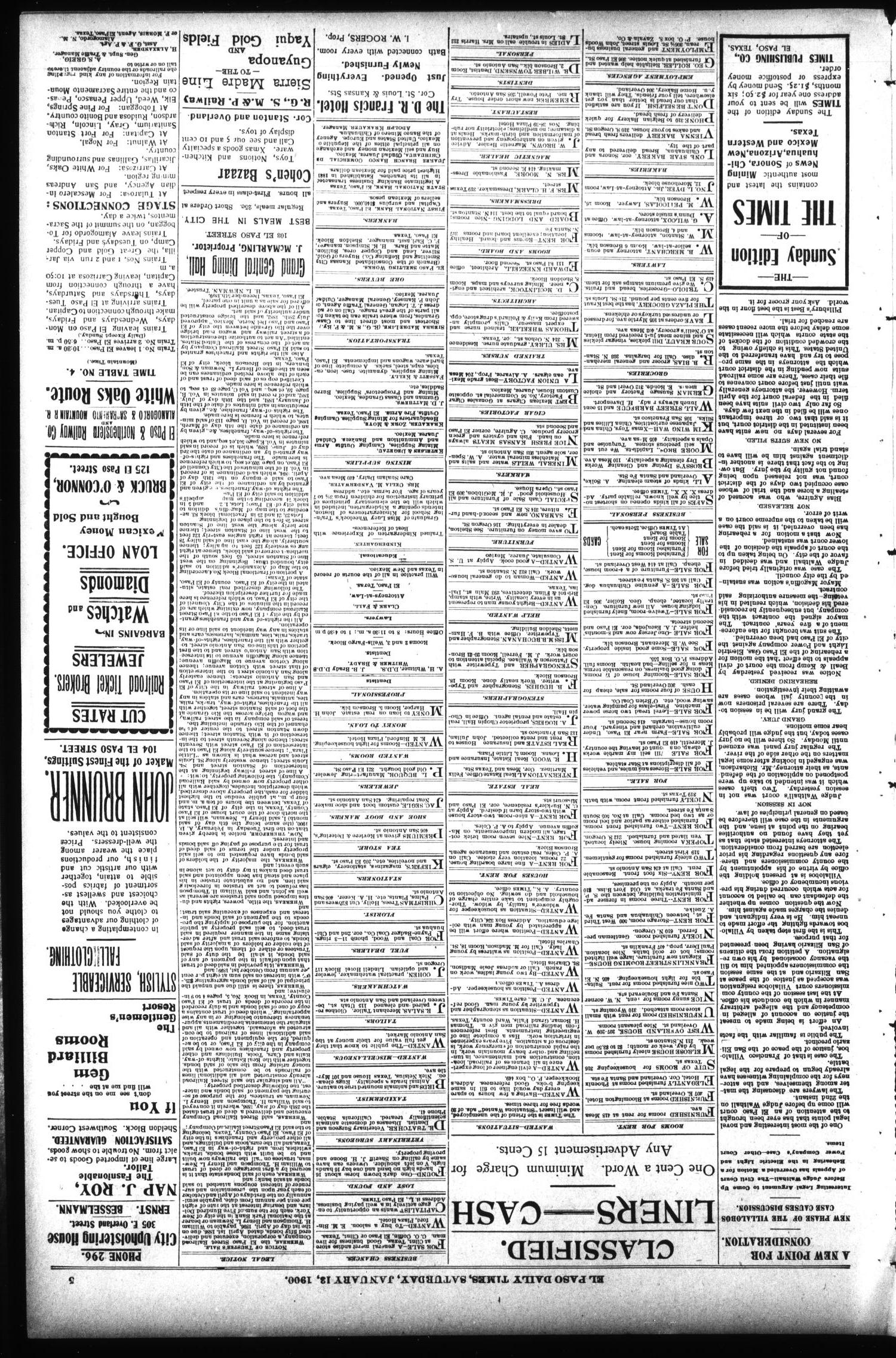 El Paso International Daily Times (El Paso, Tex.), Vol. 20, No. 11, Ed. 1 Saturday, January 13, 1900
                                                
                                                    [Sequence #]: 5 of 8
                                                
