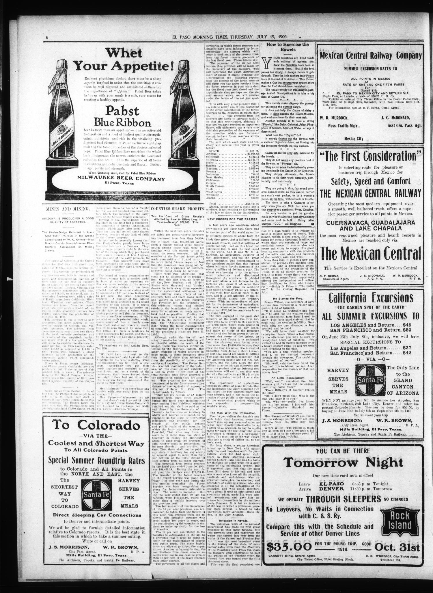 El Paso Daily Times (El Paso, Tex.), Vol. 26, Ed. 1 Thursday, July 19, 1906
                                                
                                                    [Sequence #]: 6 of 8
                                                