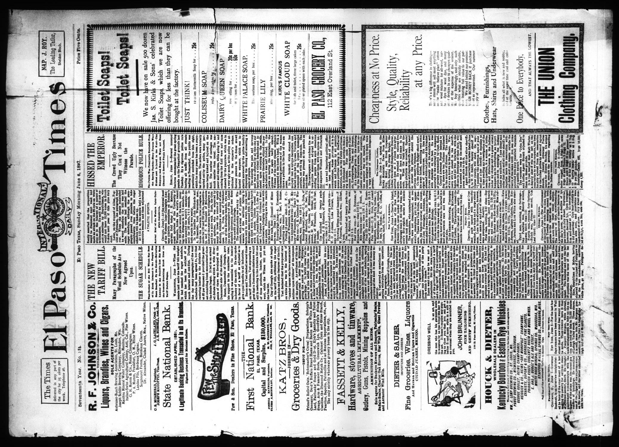 El Paso International Daily Times (El Paso, Tex.), Vol. 17, No. 134, Ed. 1 Sunday, June 6, 1897
                                                
                                                    [Sequence #]: 1 of 4
                                                