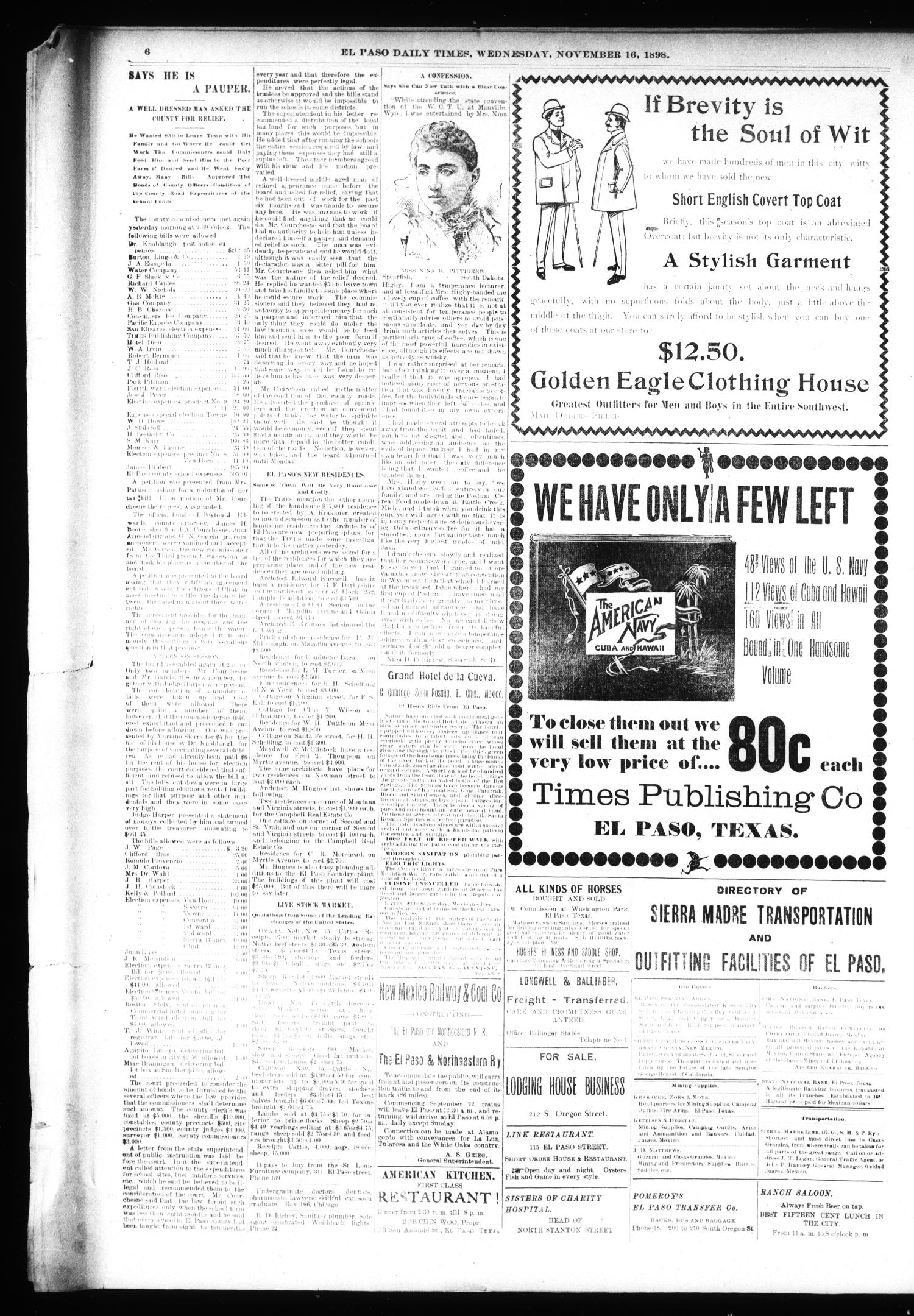 El Paso International Daily Times (El Paso, Tex.), Vol. 18, No. 274, Ed. 1 Wednesday, November 16, 1898
                                                
                                                    [Sequence #]: 8 of 8
                                                