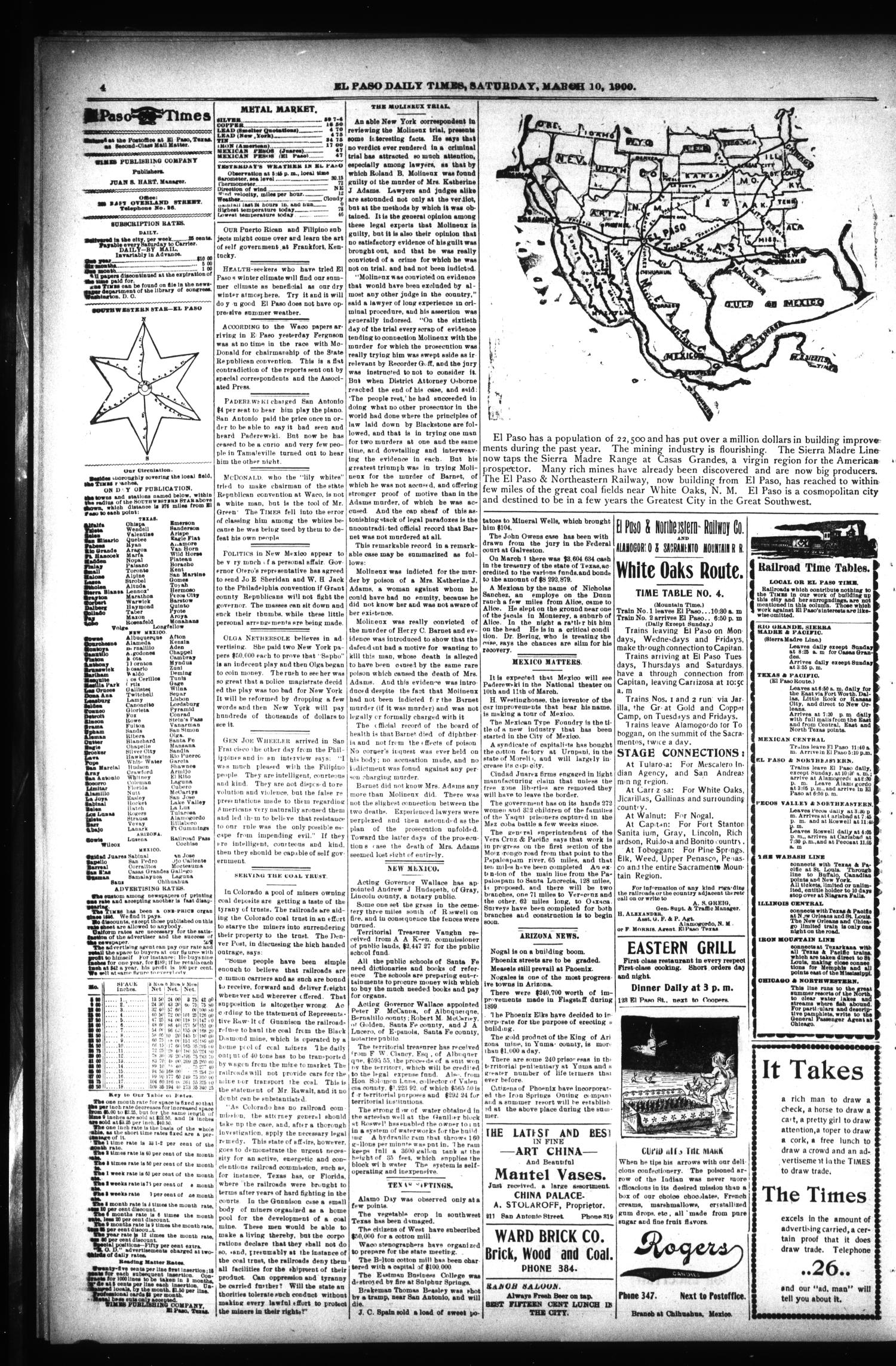 El Paso International Daily Times (El Paso, Tex.), Vol. 20, No. 63, Ed. 1 Saturday, March 10, 1900
                                                
                                                    [Sequence #]: 4 of 8
                                                