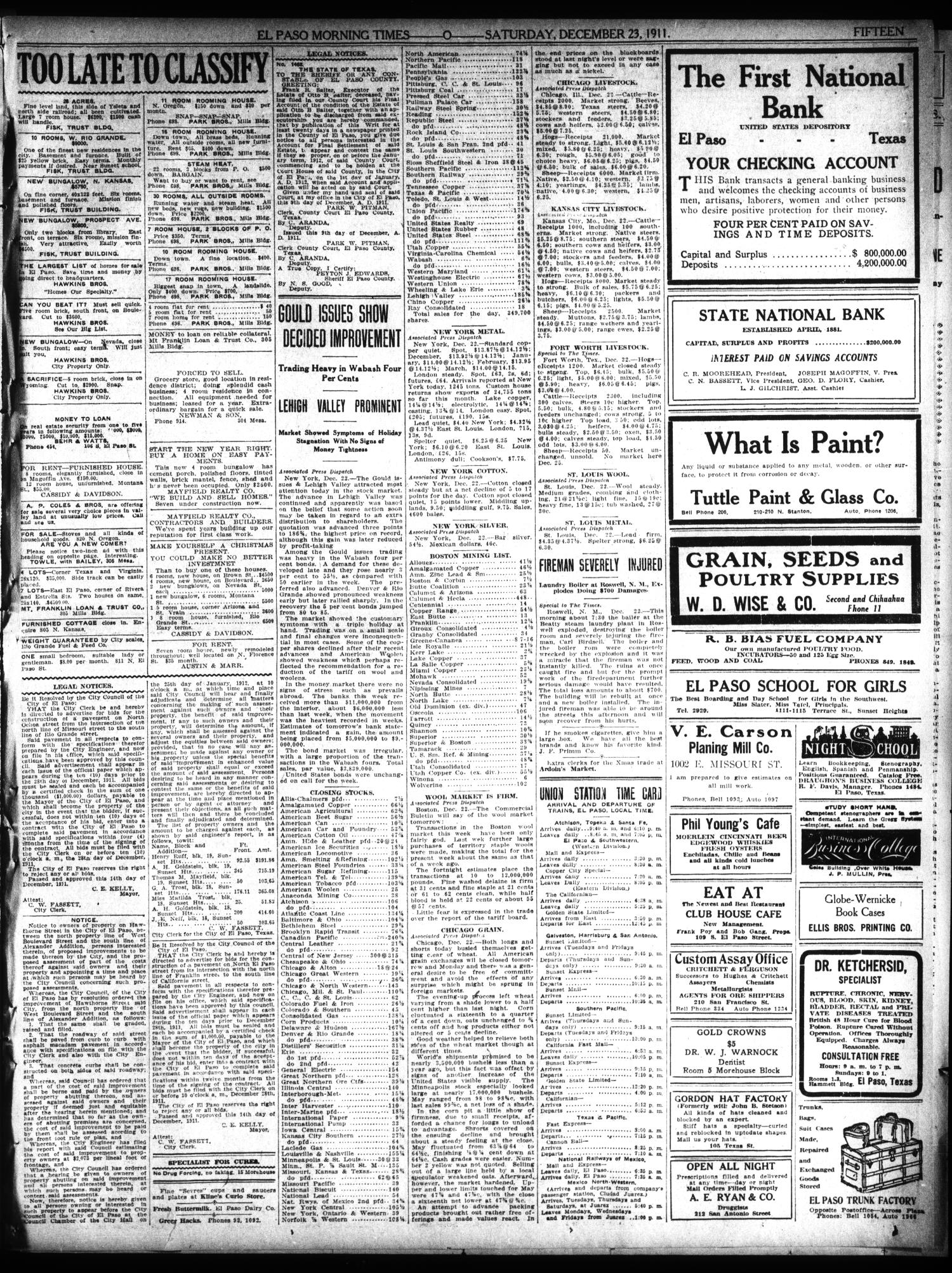 El Paso Morning Times (El Paso, Tex.), Vol. 32, Ed. 1 Saturday, December 23, 1911
                                                
                                                    [Sequence #]: 15 of 16
                                                