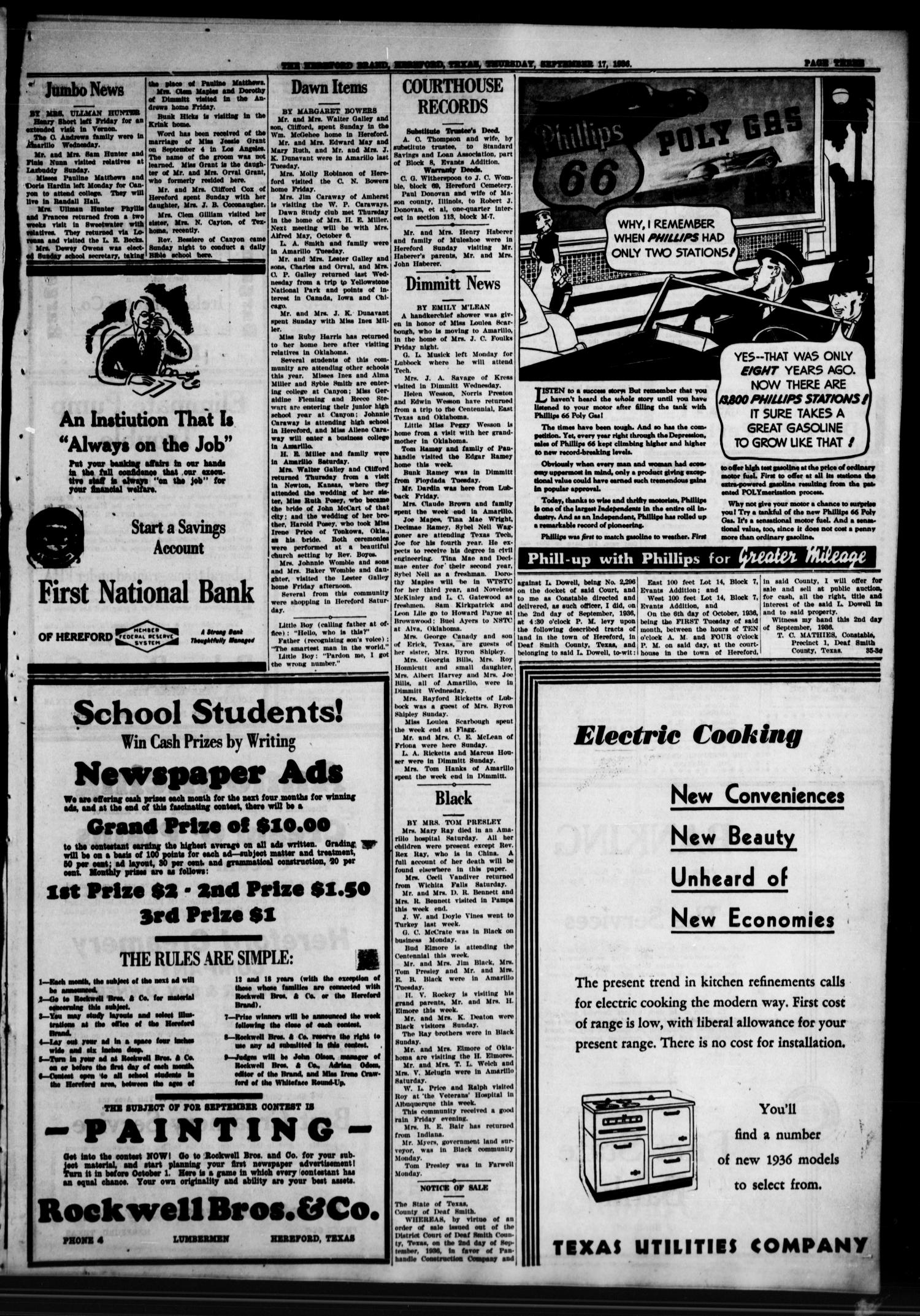 The Hereford Brand (Hereford, Tex.), Vol. 36TH YEAR, No. 37, Ed. 1 Thursday, September 17, 1936
                                                
                                                    [Sequence #]: 3 of 10
                                                