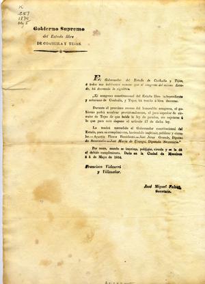 [Decree of the Congreso Constitucional promulgated May 5, 1834, by Governor Vidaurri y Villaseñor]
