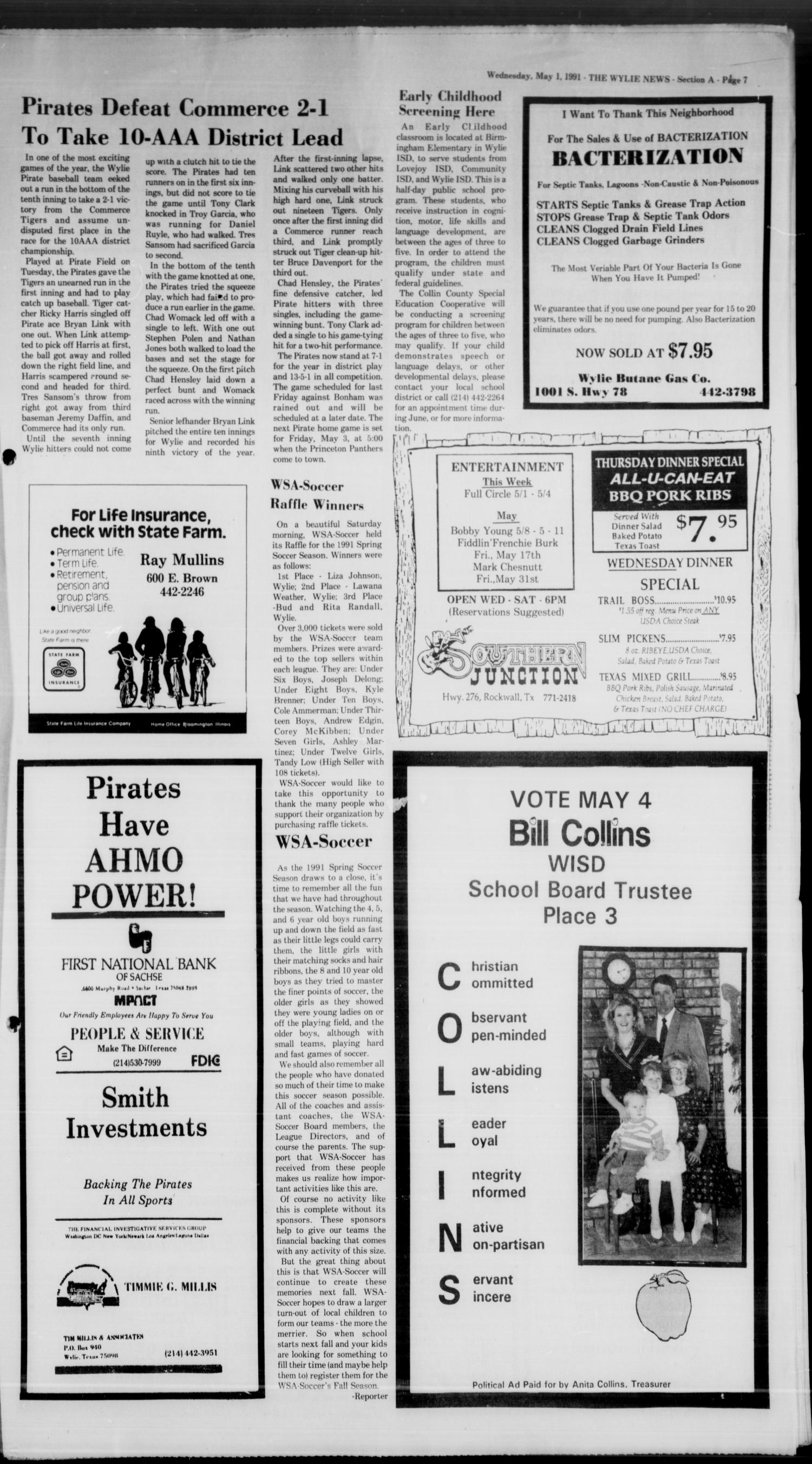 The Wylie News (Wylie, Tex.), Vol. 43, No. 47, Ed. 1 Wednesday, May 1, 1991
                                                
                                                    [Sequence #]: 7 of 20
                                                