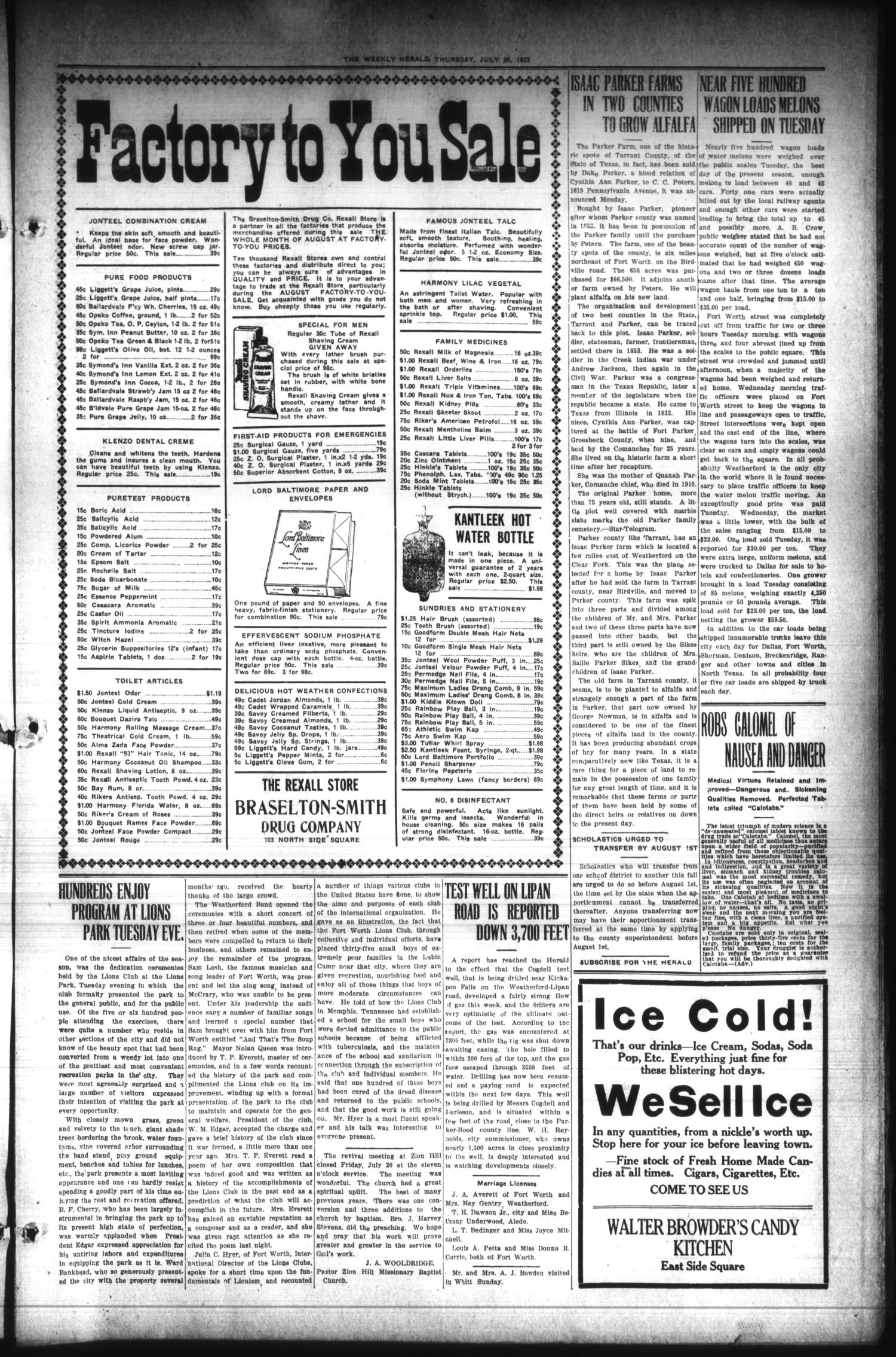 The Weekly Herald (Weatherford, Tex.), Vol. 23, No. 16, Ed. 1 Thursday, July 26, 1923
                                                
                                                    [Sequence #]: 3 of 8
                                                