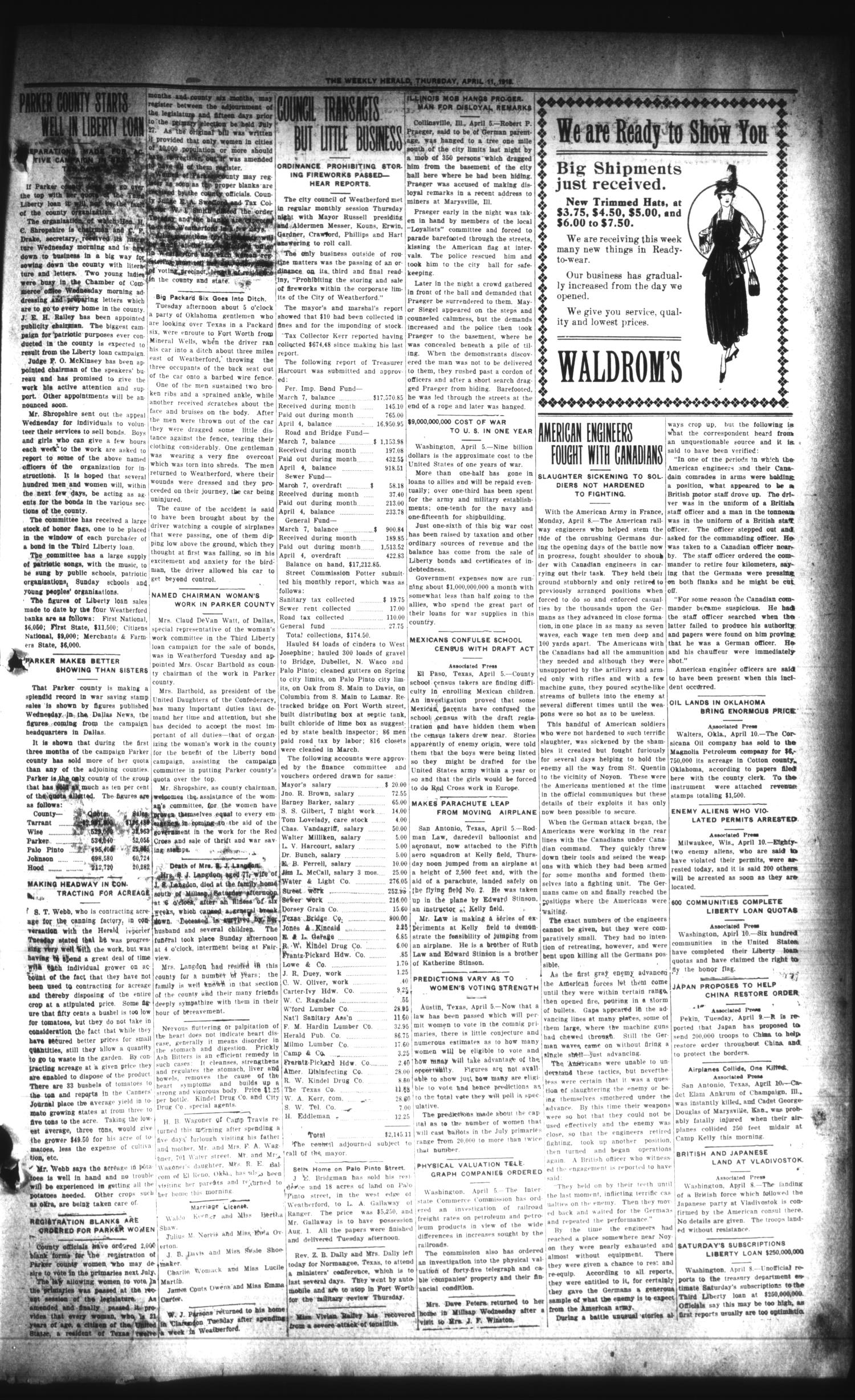 The Weekly Herald (Weatherford, Tex.), Vol. 18, No. 50, Ed. 1 Thursday, April 11, 1918
                                                
                                                    [Sequence #]: 5 of 8
                                                