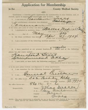 Primary view of object titled '[Medical Association Application: J. T. Deacon, MD]'.