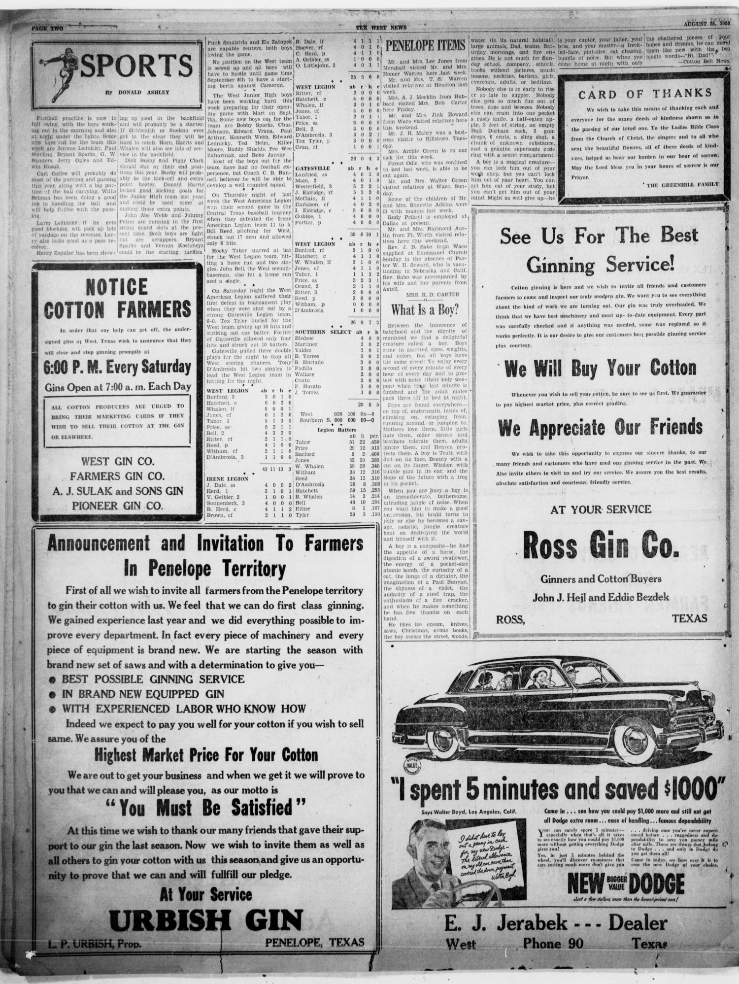 The West News (West, Tex.), Vol. 61, No. 15, Ed. 1 Friday, August 25, 1950
                                                
                                                    [Sequence #]: 2 of 8
                                                