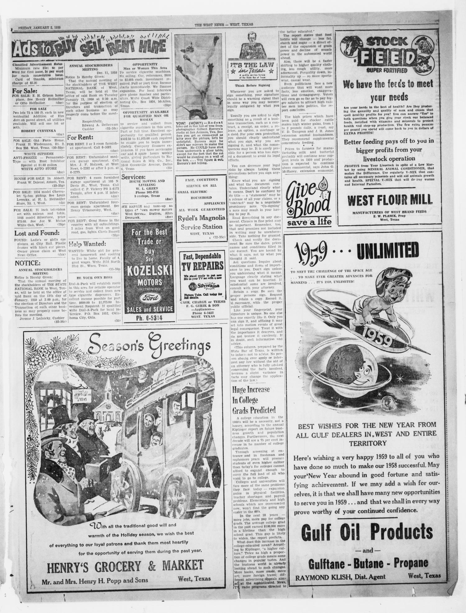 The West News (West, Tex.), Vol. 68, No. 35, Ed. 1 Friday, January 2, 1959
                                                
                                                    [Sequence #]: 7 of 8
                                                