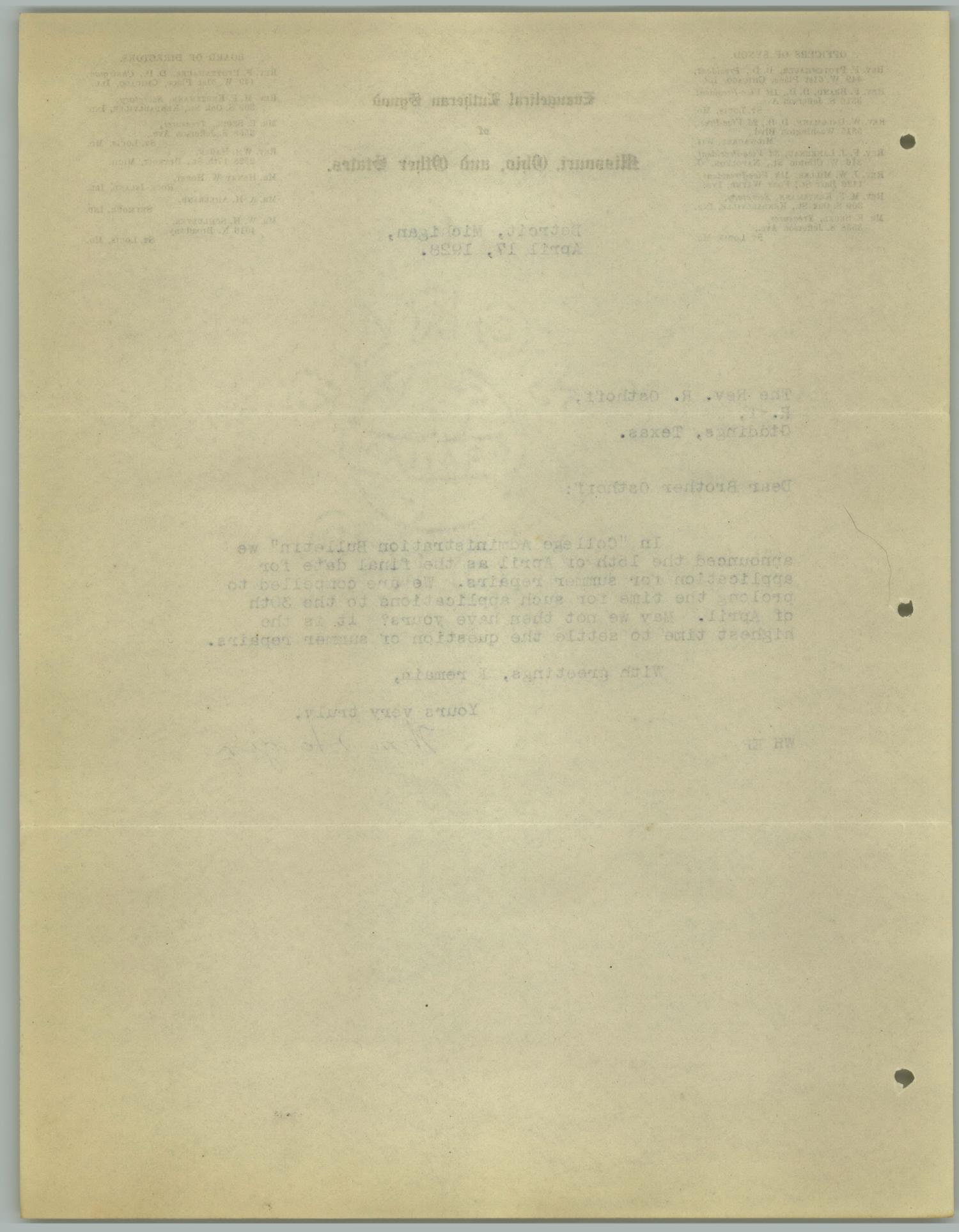 [Letter from William Hagen to the Reverend R. Osthoff, April 17, 1928]
                                                
                                                    [Sequence #]: 2 of 2
                                                