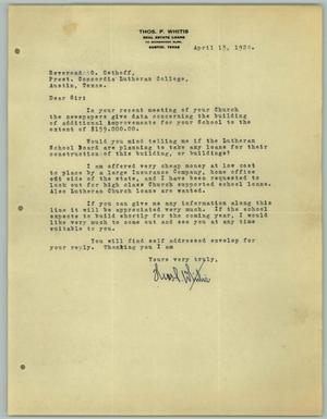 Primary view of object titled '[Letter from Thomas P. Whitis to R. Osthoff, April 13, 1929]'.