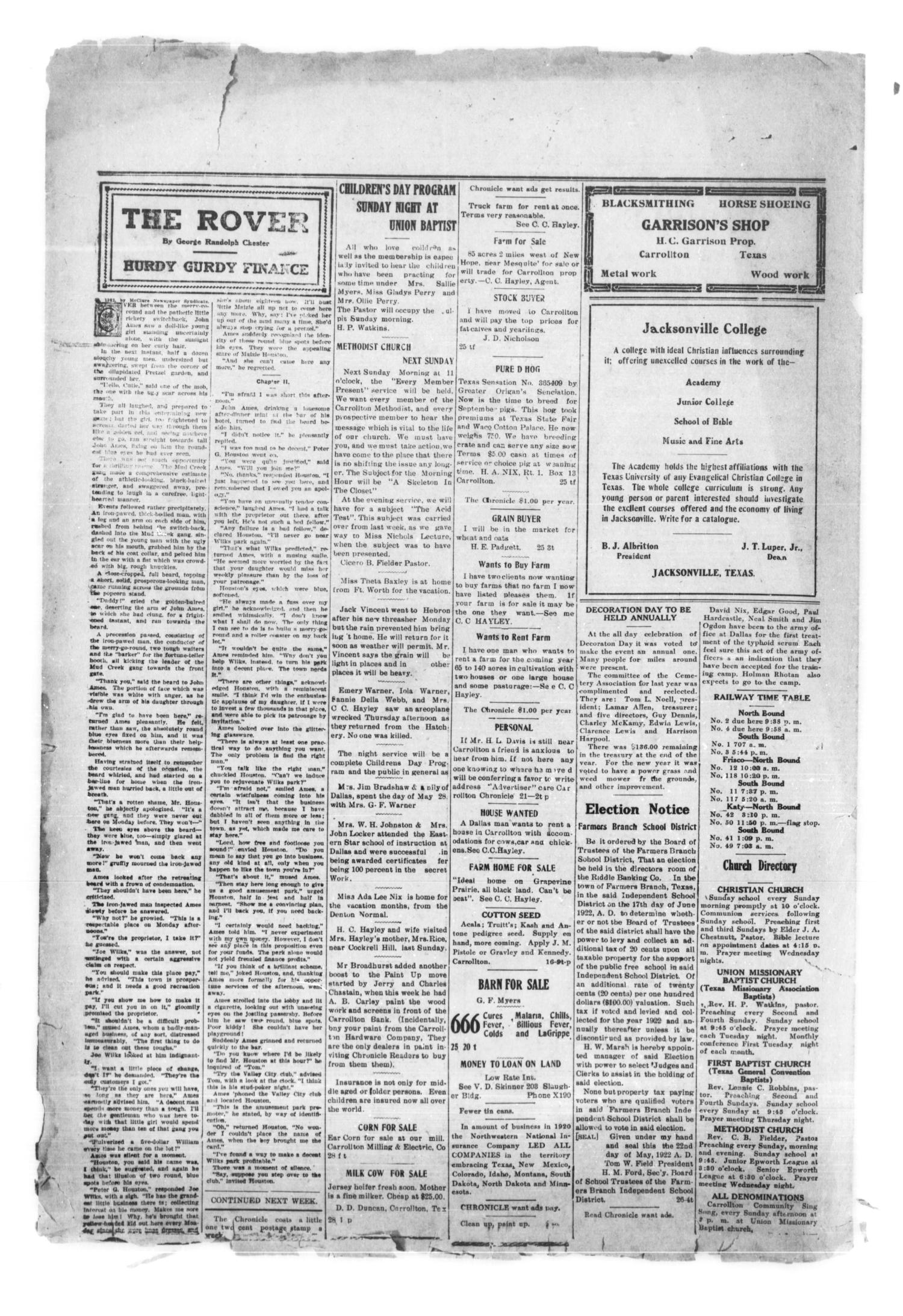 Carrollton Chronicle (Carrollton, Tex.), Vol. 18, No. 28, Ed. 1 Friday, June 9, 1922
                                                
                                                    [Sequence #]: 4 of 4
                                                