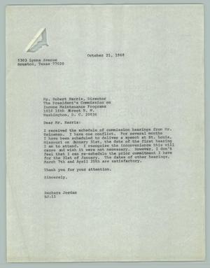 Primary view of object titled '[Letter from Barbara C. Jordan to Robert Harris, October 21, 1968]'.