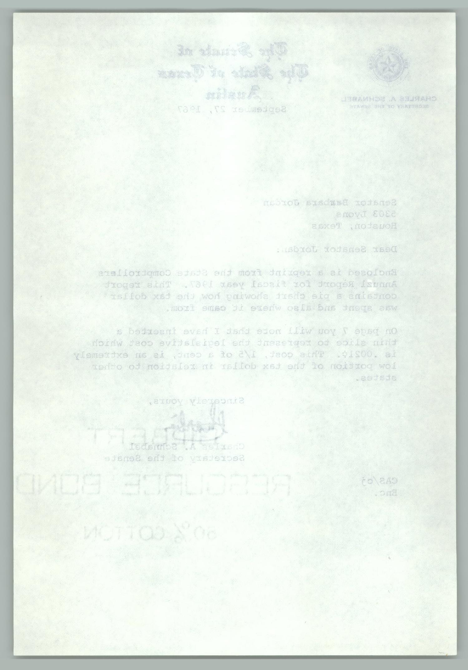 [Letter from Charles A. Schnabel to Barbara C. Jordan, September 27, 1967]
                                                
                                                    [Sequence #]: 2 of 2
                                                