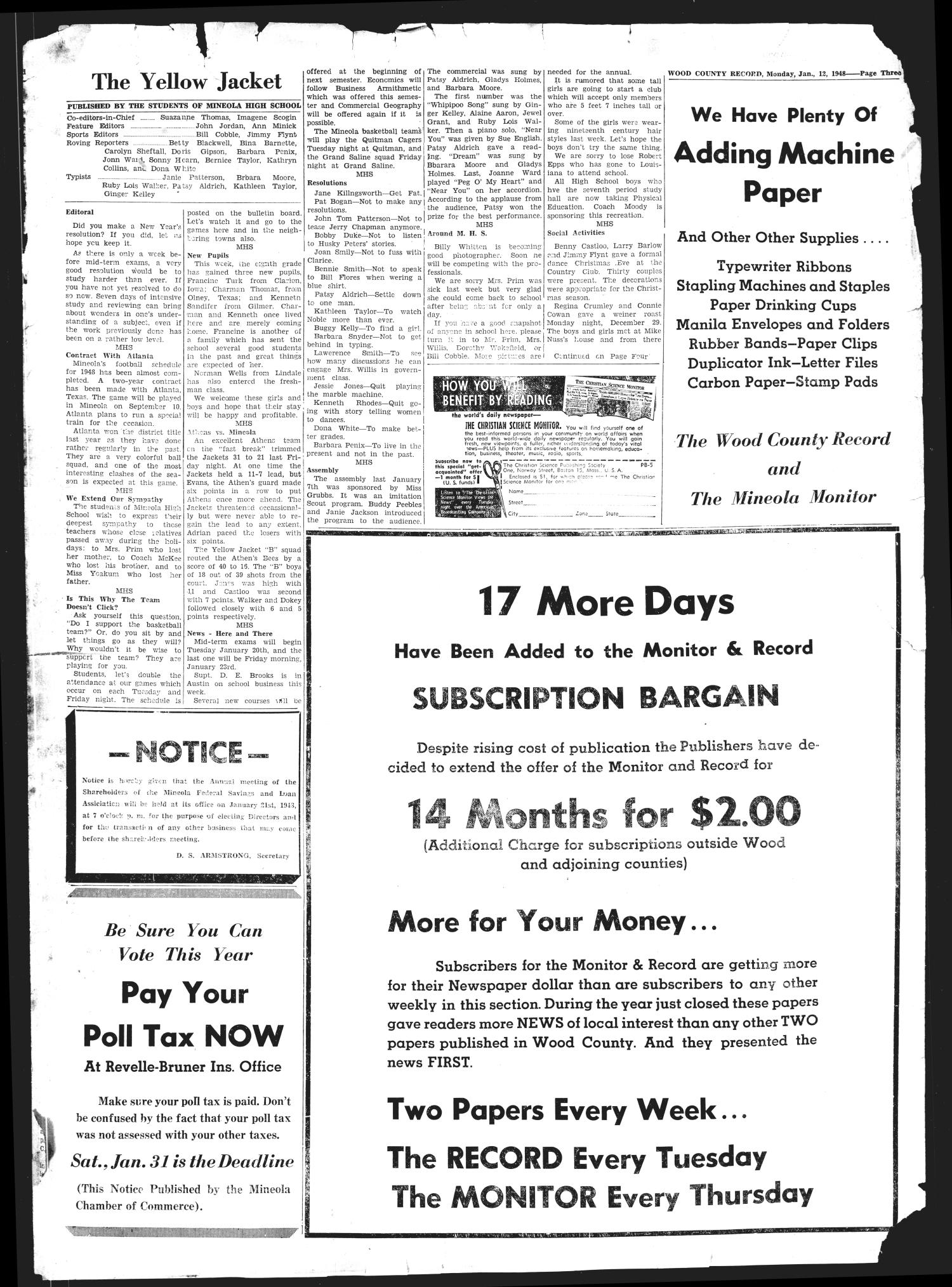 The Wood County Record (Mineola, Tex.), Vol. 18, No. 42, Ed. 1 Monday, January 12, 1948
                                                
                                                    [Sequence #]: 3 of 4
                                                