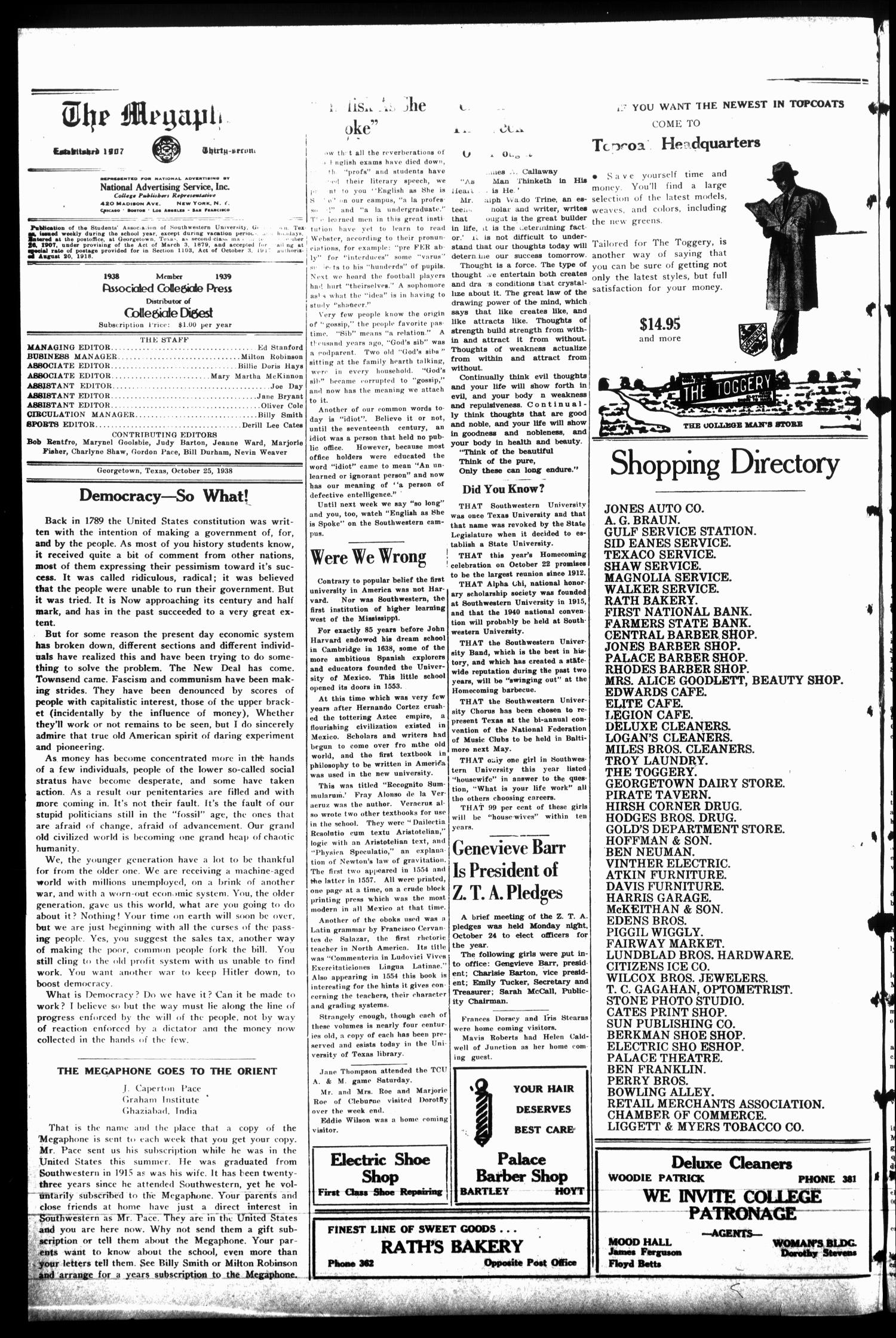 The Megaphone (Georgetown, Tex.), Vol. 32, No. 7, Ed. 1 Tuesday, October 25, 1938
                                                
                                                    [Sequence #]: 2 of 4
                                                