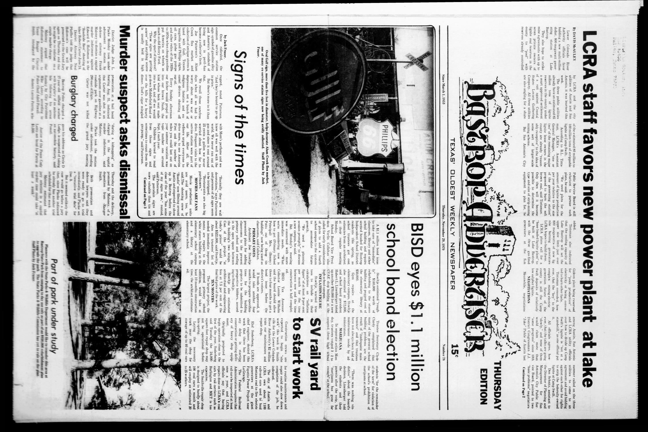 Bastrop Advertiser (Bastrop, Tex.), No. 78, Ed. 1 Thursday, November 29, 1979
                                                
                                                    [Sequence #]: 1 of 14
                                                