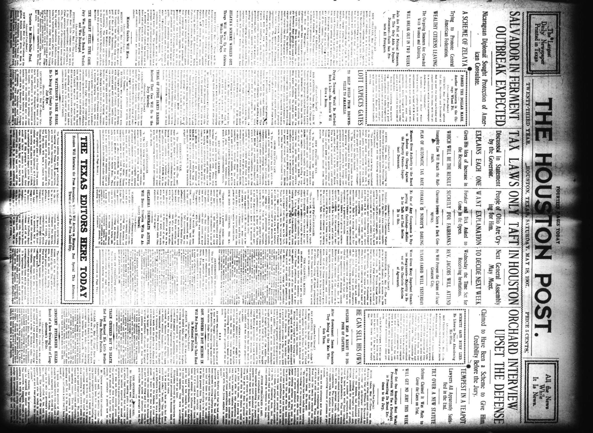 The Houston Post. (Houston, Tex.), Vol. 23, Ed. 1 Saturday, May 18, 1907
                                                
                                                    [Sequence #]: 1 of 14
                                                