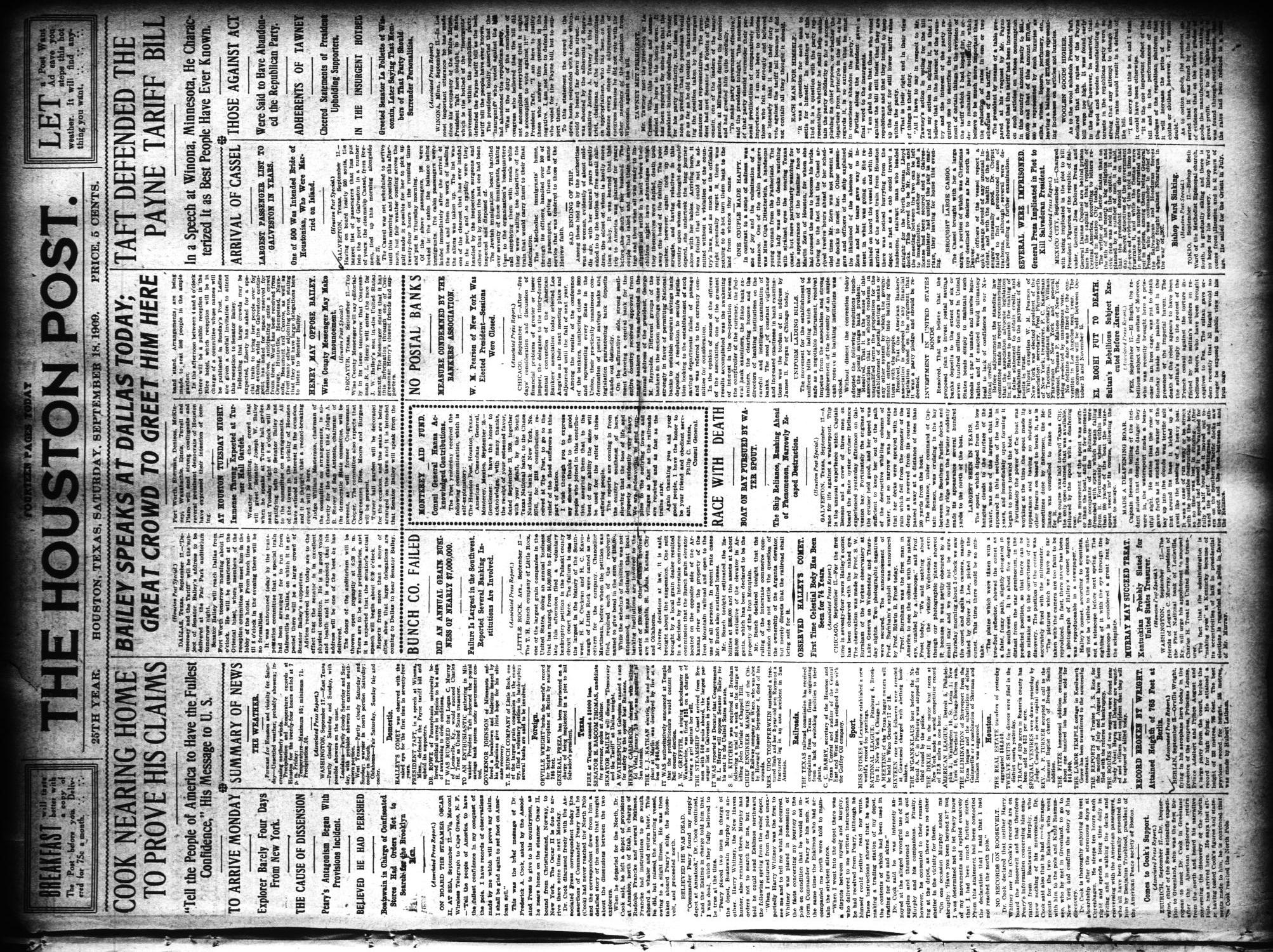 The Houston Post. (Houston, Tex.), Vol. 25, Ed. 1 Saturday, September 18, 1909
                                                
                                                    [Sequence #]: 1 of 22
                                                