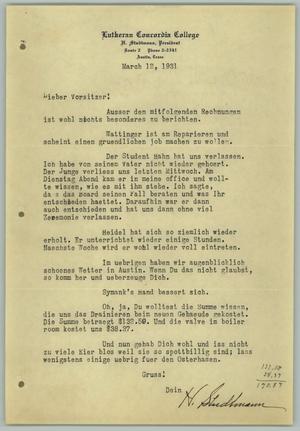 Primary view of object titled '[Letter from H. Studtmann to "Vorsitzer", March 12, 1931]'.