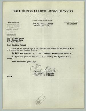 Primary view of object titled '[Letter from Paul Schulz to Oliver Harms, October 20, 1948]'.