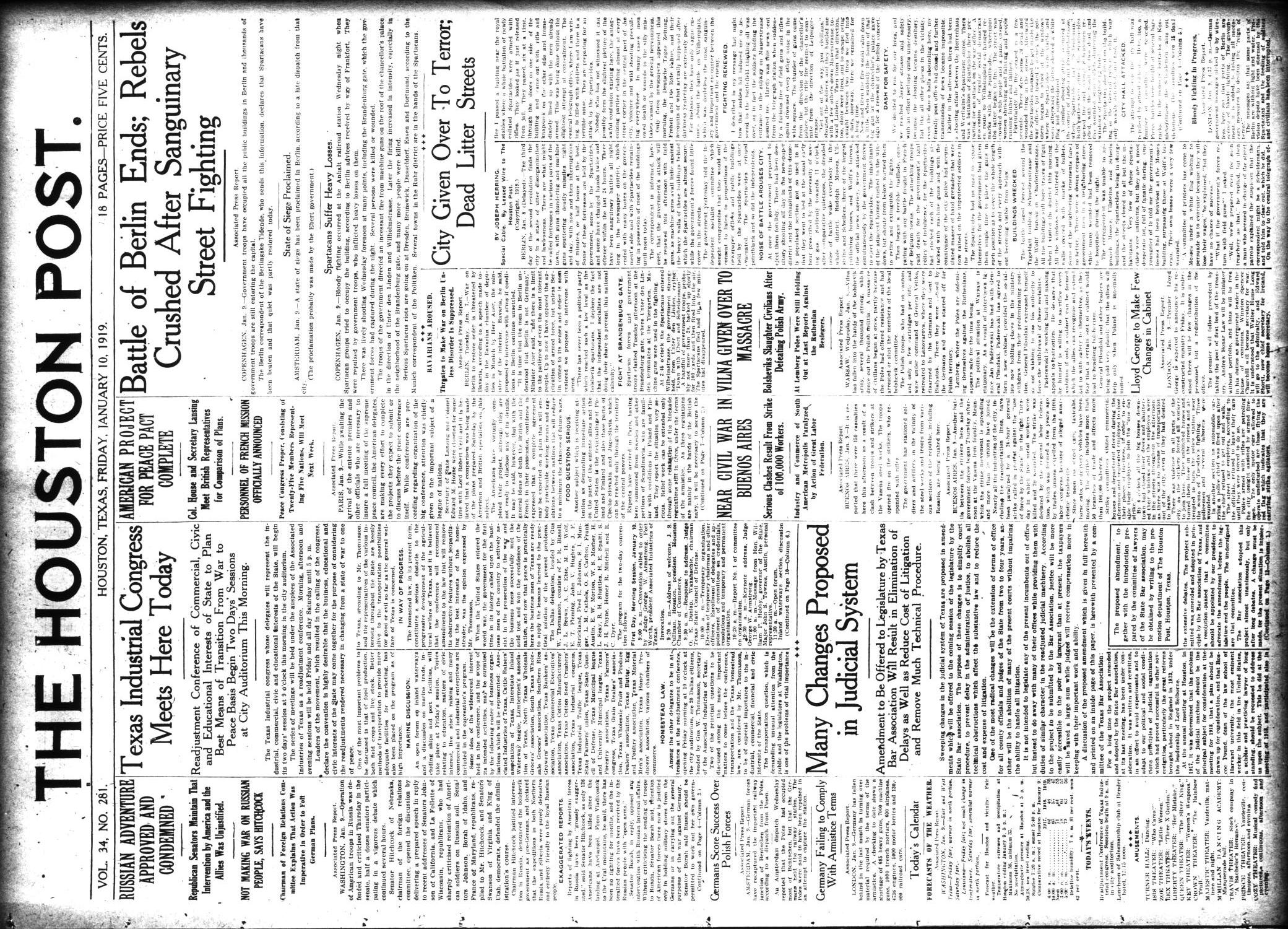 The Houston Post. (Houston, Tex.), Vol. 34, No. 281, Ed. 1 Friday, January 10, 1919
                                                
                                                    [Sequence #]: 1 of 18
                                                