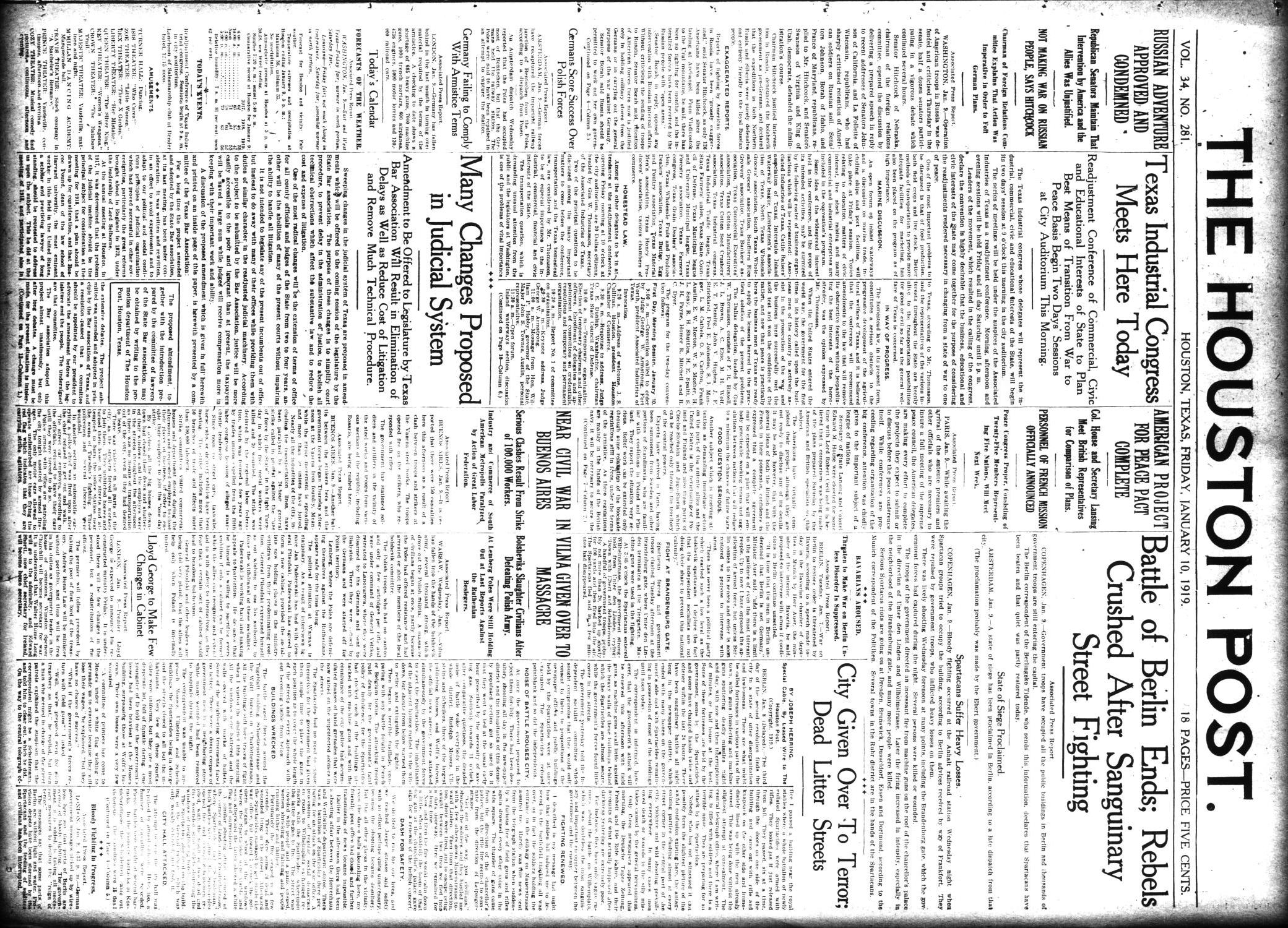The Houston Post. (Houston, Tex.), Vol. 34, No. 281, Ed. 1 Friday, January 10, 1919
                                                
                                                    [Sequence #]: 1 of 18
                                                