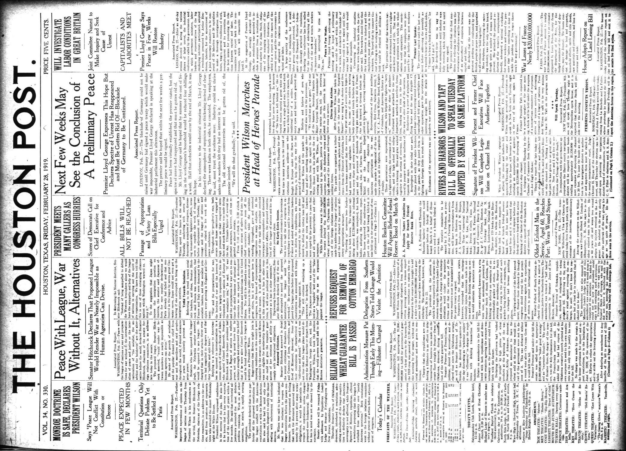 The Houston Post. (Houston, Tex.), Vol. 34, No. 330, Ed. 1 Friday, February 28, 1919
                                                
                                                    [Sequence #]: 1 of 14
                                                