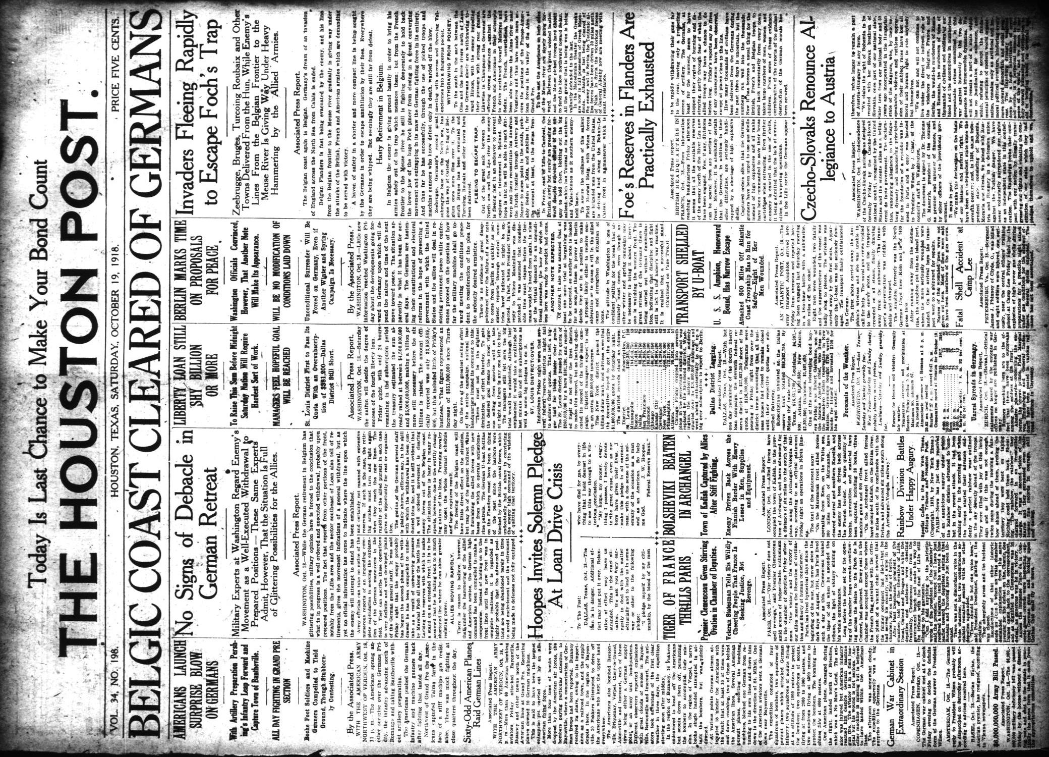 The Houston Post. (Houston, Tex.), Vol. 34, No. 198, Ed. 1 Saturday, October 19, 1918
                                                
                                                    [Sequence #]: 1 of 12
                                                