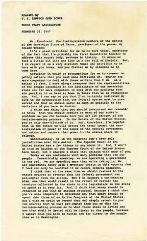Primary view of object titled '[John Tower Speech to Texas State Legislature about Southeast Asia, Feb. 22, 1967]'.