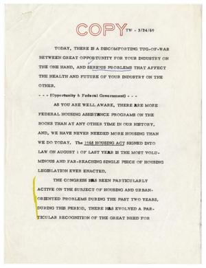 Primary view of object titled '[John Tower Speech about Federal Housing Assistance Programs, March 24, 1969]'.
