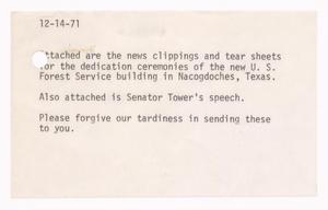 Primary view of object titled '[John Tower Speech for the Dedication of the U.S. Forest Service Building in Nacogdoches, Texas, October 22, 1971]'.
